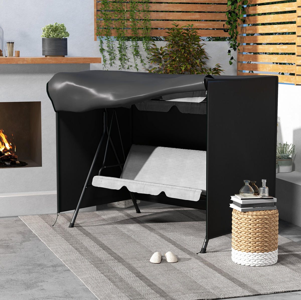 HOLLYWOODSCHAUKEL mit Abdeckung aus Polyester 205x124x164 cm Schwarz mit Reißverschluss - Schwarz, Textil (124/164/205cm) - Modfu