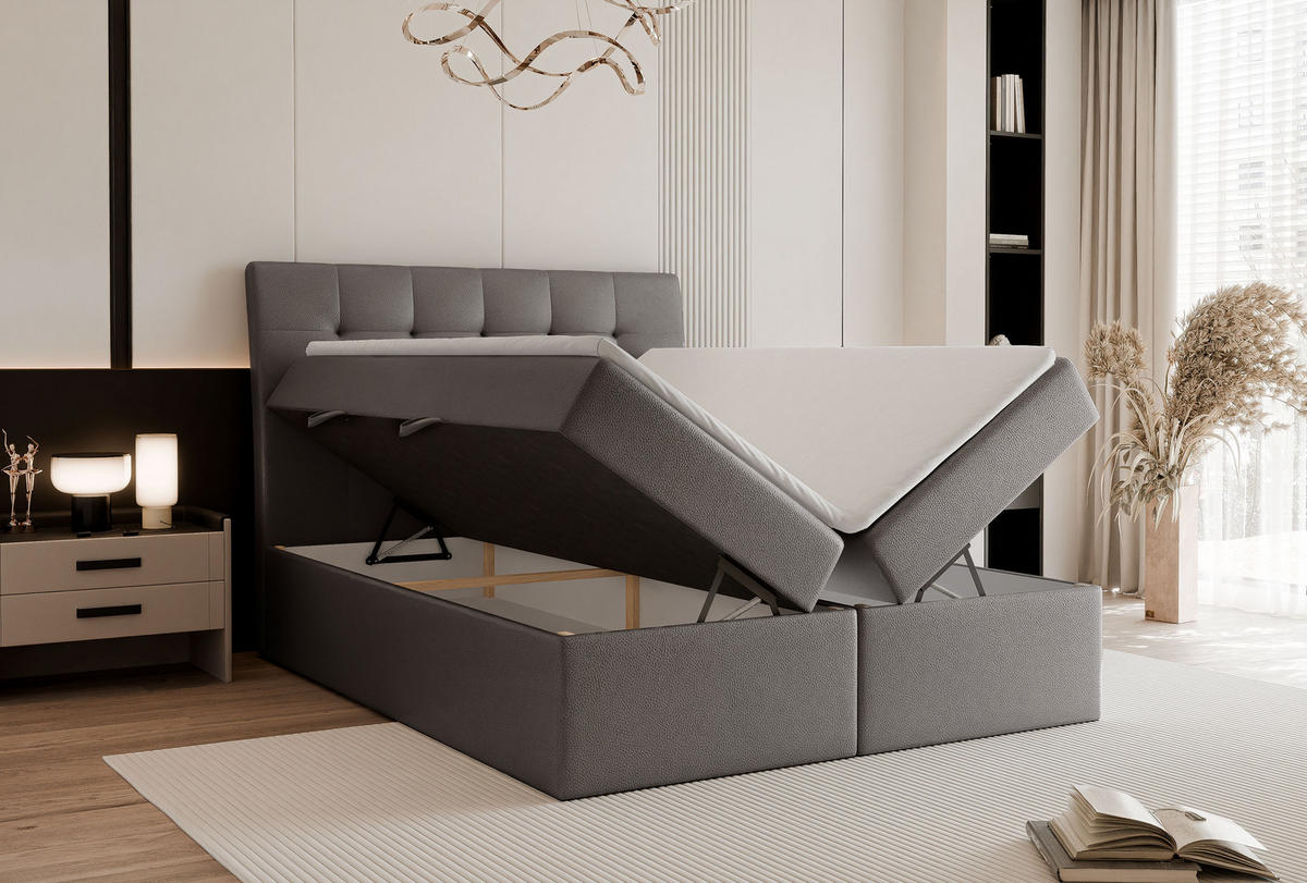 BOXBETT BAILEY 200/200 cm mit Matratze und Topper, Grau - Schwarz/Grau, Textil/Metall (200/200cm) - Idohome