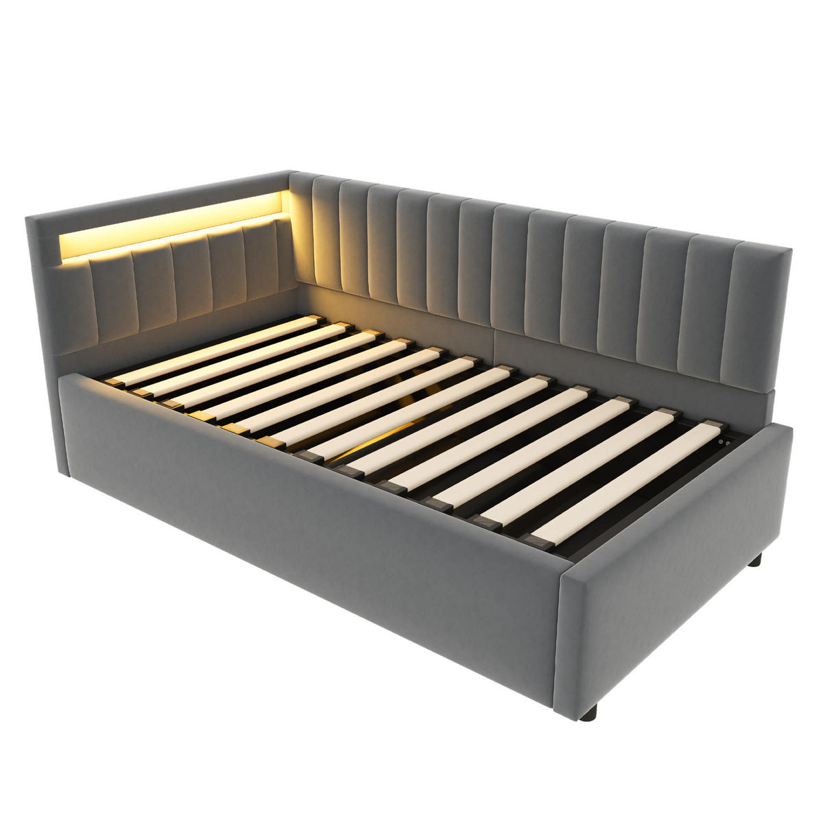 POLSTERBETT Schlafsofa 90/200 cm Grau aus Samt mit LED und Stauraum - Grau, Textil (90/200cm) - OKMYHOME