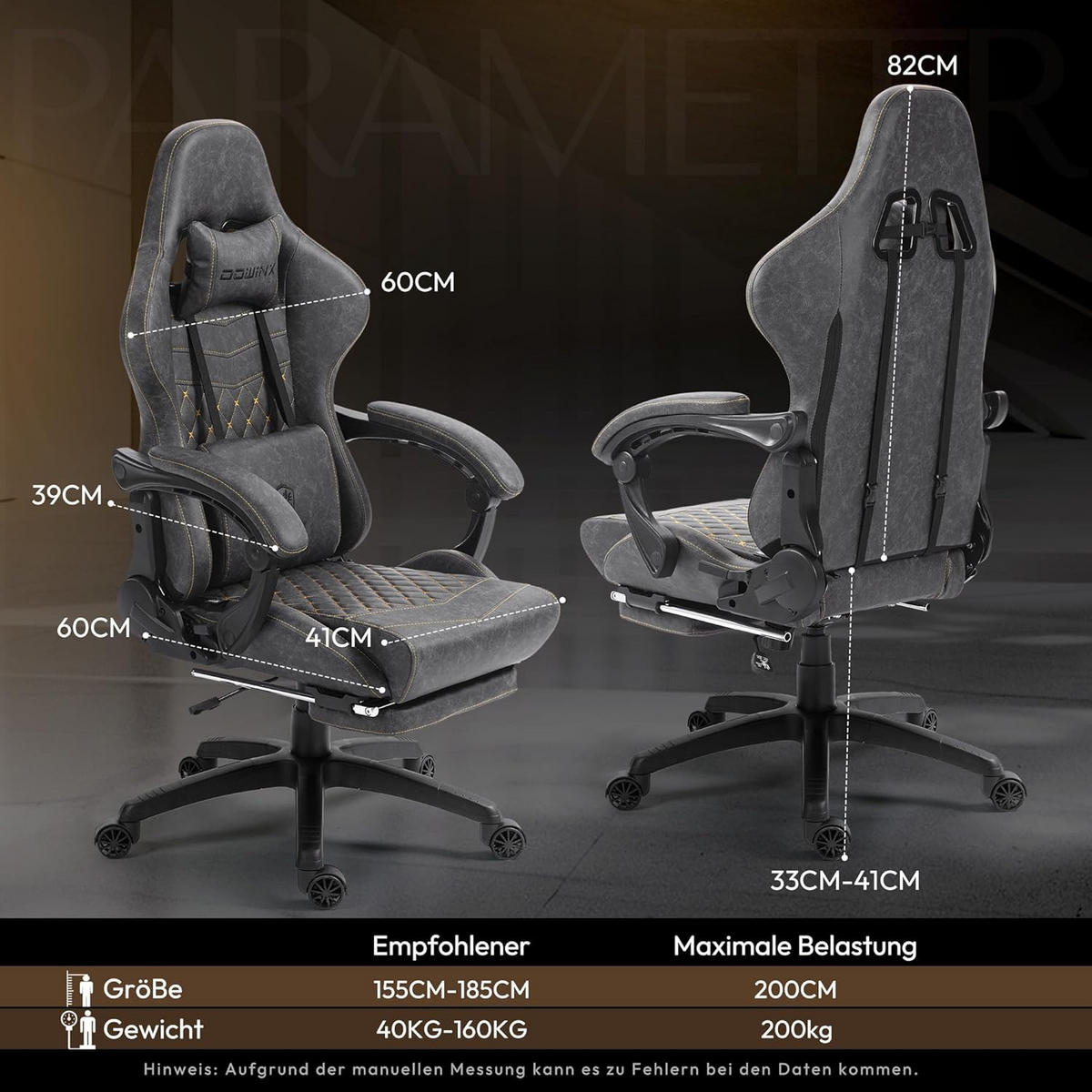 GAMING-STUHL Ergonomisch Verstellbarer 90°-170° Für Homeoffice/Gaming - Grau, Leder (60/115/60cm)