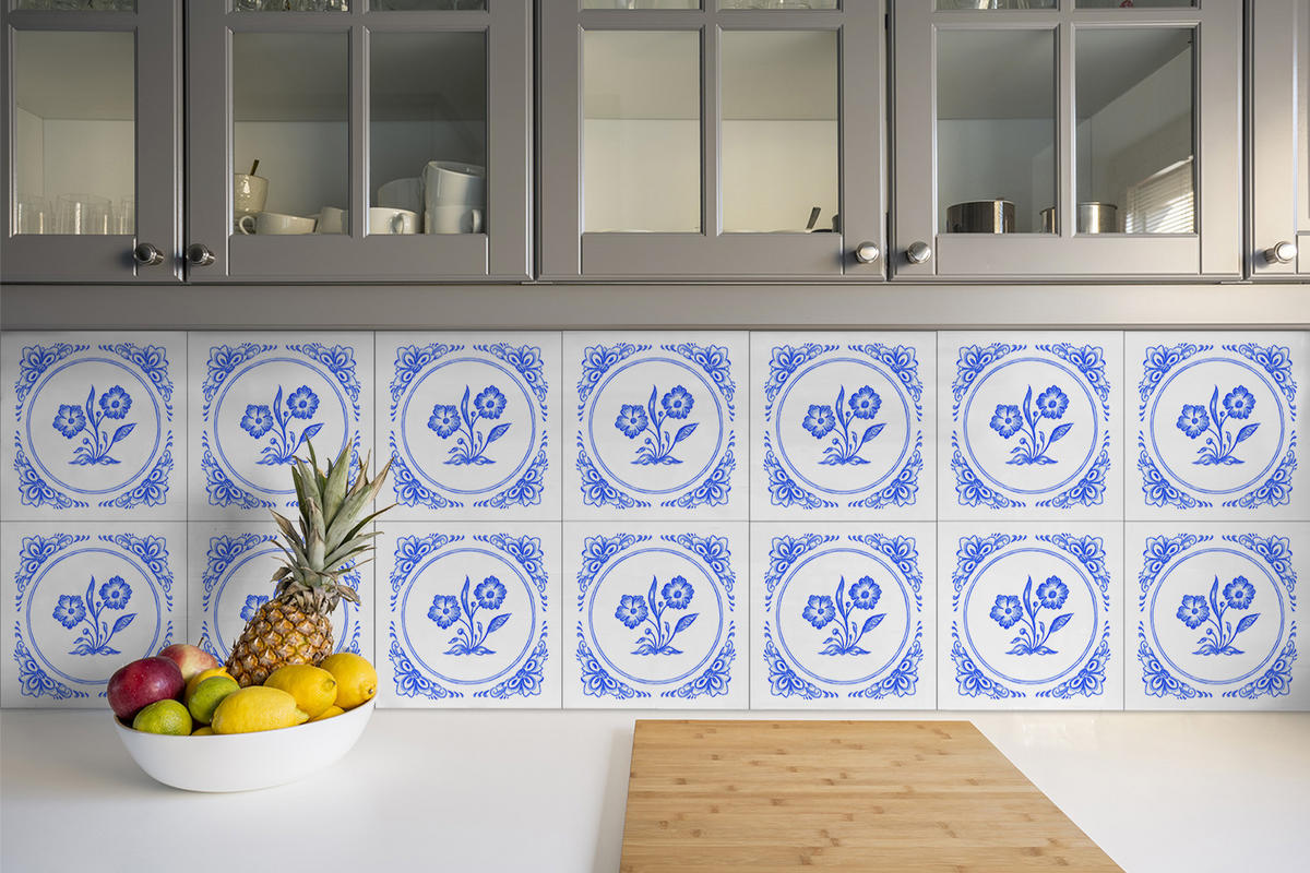 FLIESENAUFKLEBER 9 Stück 30x30 cm selbstklebend Azulejos-Blume - Blau, Textil (30/1.6/30cm) - TULUP