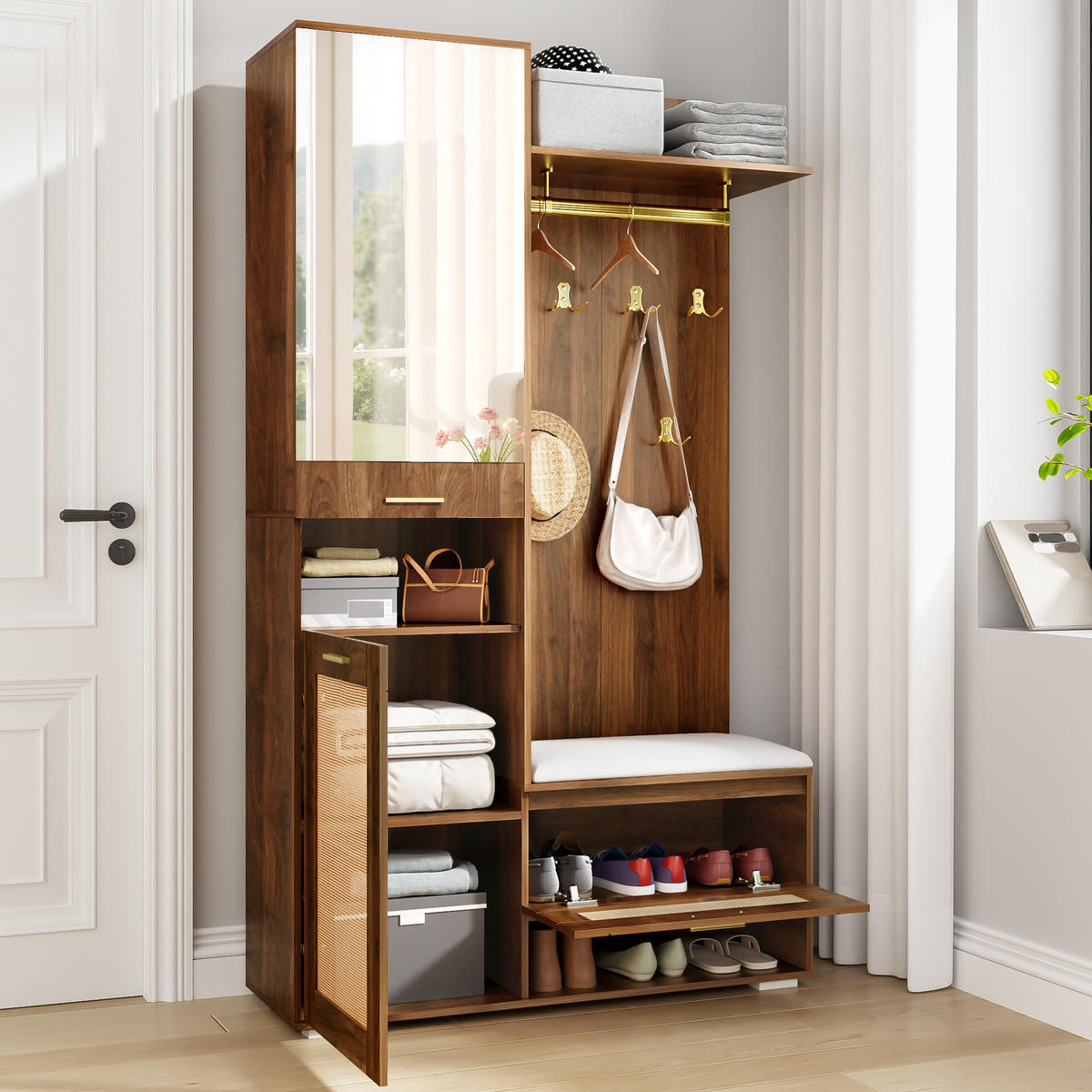 DIELENGARDEROBE 110/38/190 cm mit 6 Haken, Spiegel und Sitzbank - Walnussfarben, Holzwerkstoff (38/190/110cm) - BEAOK