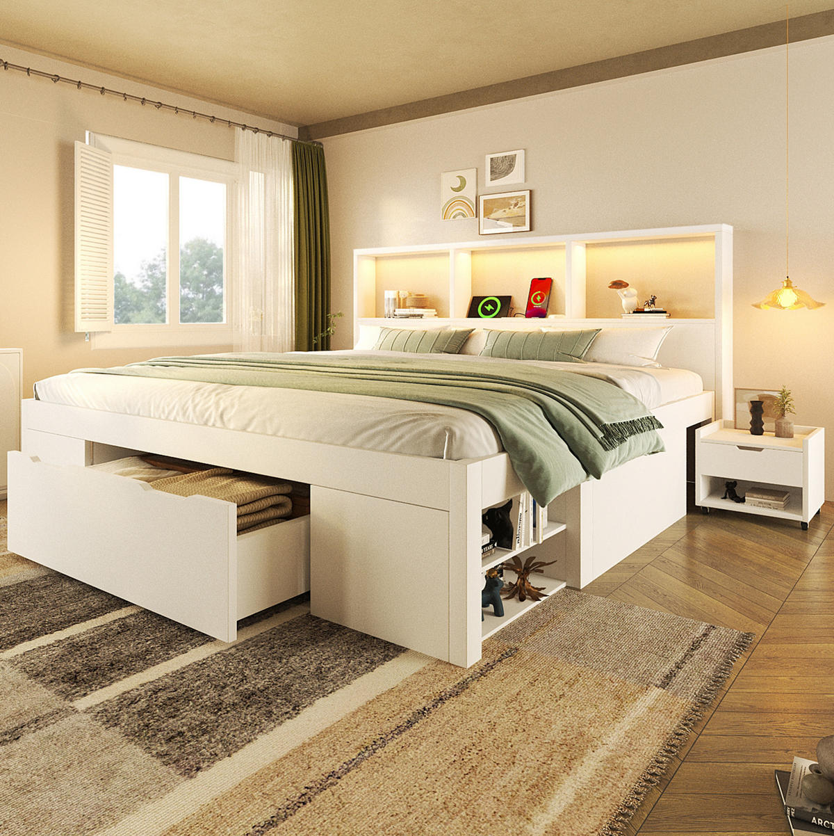BETT 140/190 cm mit LED-Beleuchtung, USB-C, Stauraum und beweglichem Nachttisch, Weiß - Weiß, Holzwerkstoff (140/190cm) - Redom