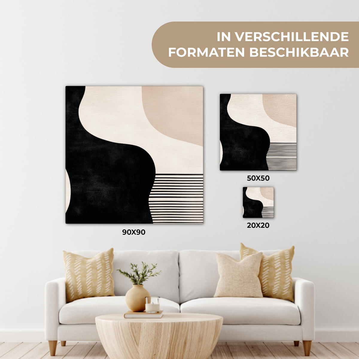 LEINWANDBILD Abstrakt - Japandi - Beige - Modern Wandbild Wohnzimmer 50x50 cm - Schwarz, Textil (50/50cm) - MuchoWow