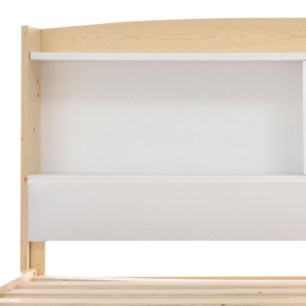 EINZELBETT 90/200 cm mit Stauraum-Kopfteil und Lattenrost, Weiß/Natur - Naturfarben, Holz - Redom