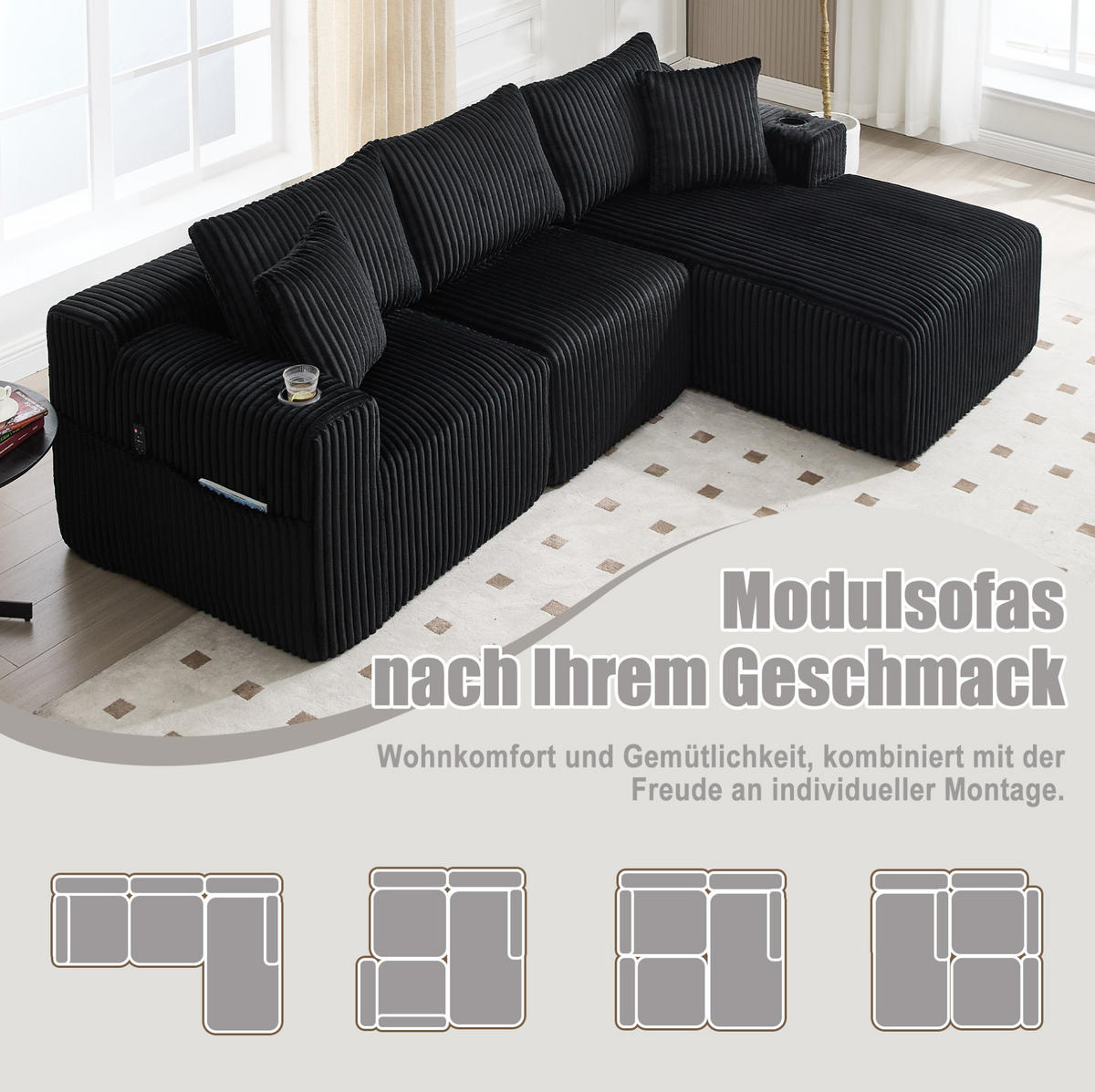 MODULARES Sofa-Set Cord mit Chaiselongue und 2-Sitzer Taschen und Getränkehalter 257/90-160/62 cm Schwarz - Schwarz, Textil (160/257cm) - Redom