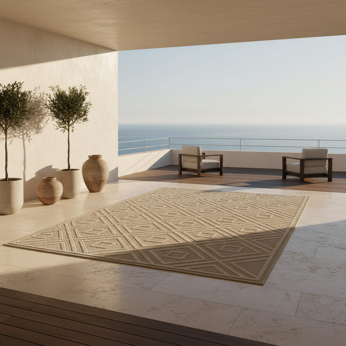 TEPPICH Outdoor Flachgewebe Rauten-Muster Polypropylen Balkon Beige Rechteckig 200x290 - Beige, Textil (200/290cm) - KADIMA DESIGN