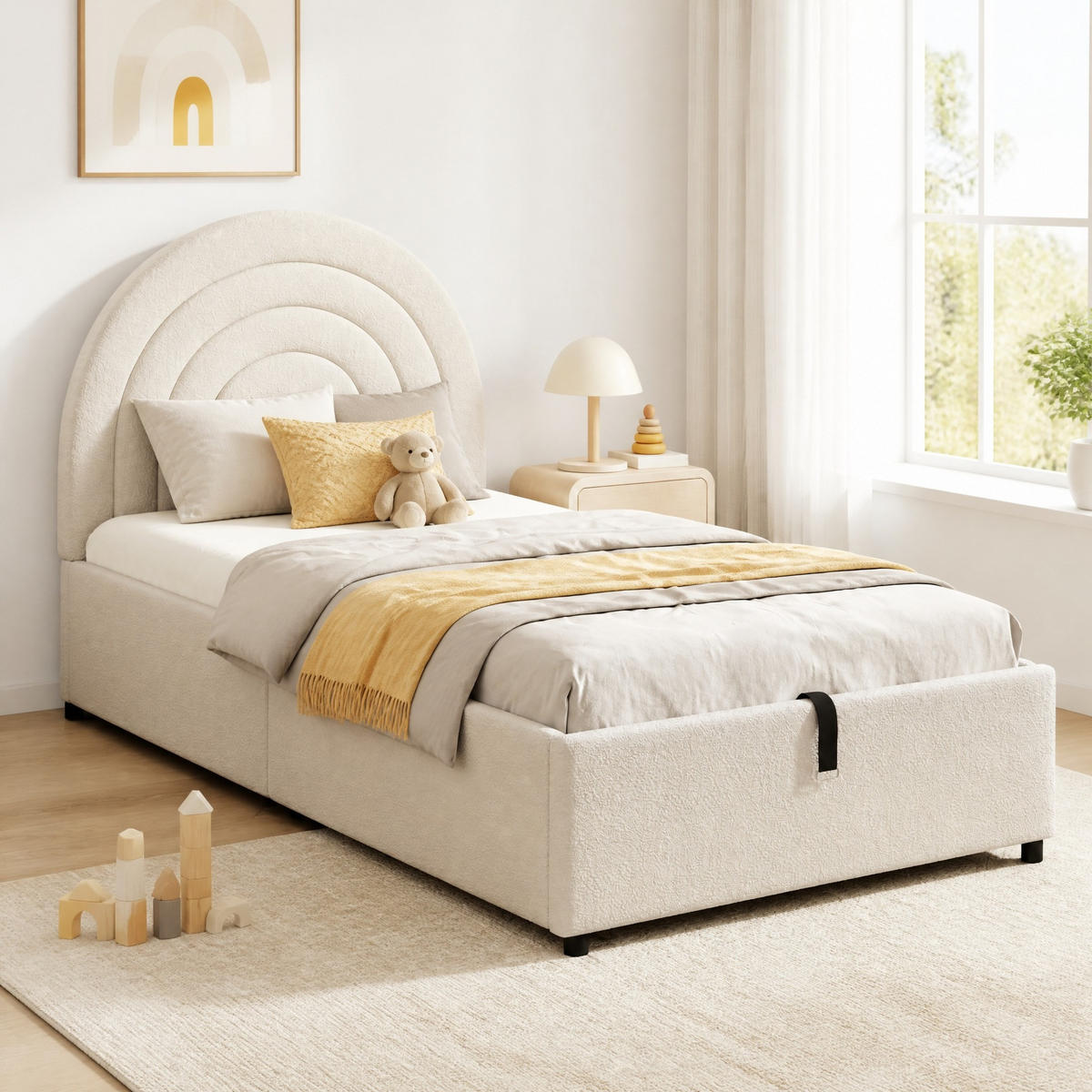 KINDERBETT 90/200 cm aus Bouclé mit hydraulischem Stauraum Beige - Beige, Textil (90/200cm) - Modenvie