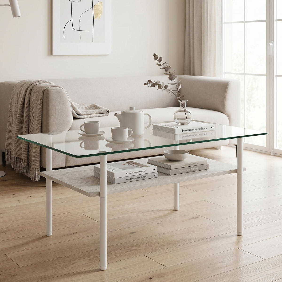 COUCHTISCH rechteckig Weiß/Holzoptik aus Glas/MDF/Metall 98/58/45 cm - Transparent/Weiß, Glas/Holzwerkstoff (98/58/45cm)