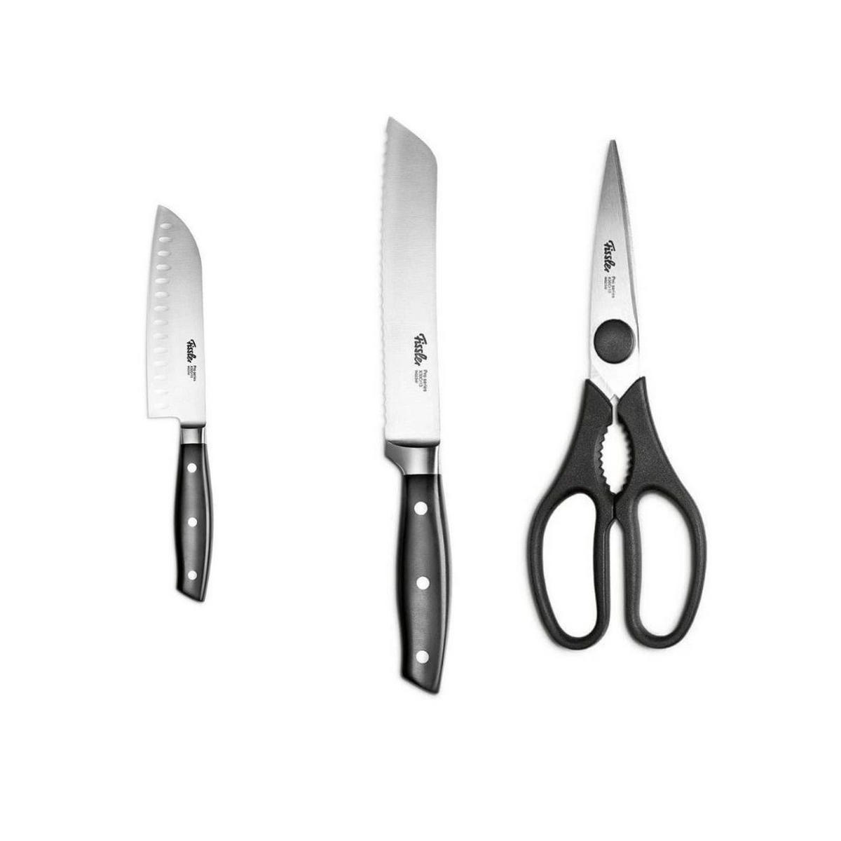 KÜCHENMESSER SET 3-tlg Schwarz Silber, Brotmesser 180 mm, Santokumesser 165 mm, Küchenschere, Edelstahl, Schneidemesser, Küchenzubehör, Profi Messer - Silberfarben/Schwarz, Kunststoff/Metall - Fissler
