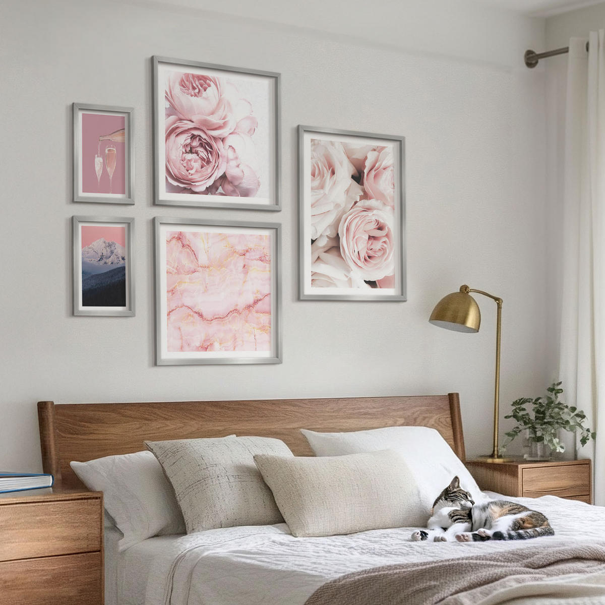 WANDBILDER 5er Set - 50x50 cm & 20x30 cm & 40x60 cm Silberner Rahmen - Eiffels Porträt einer Frau mit Rosen - Silberfarben, Kunststoff (40/60cm) - ArtPrintCave