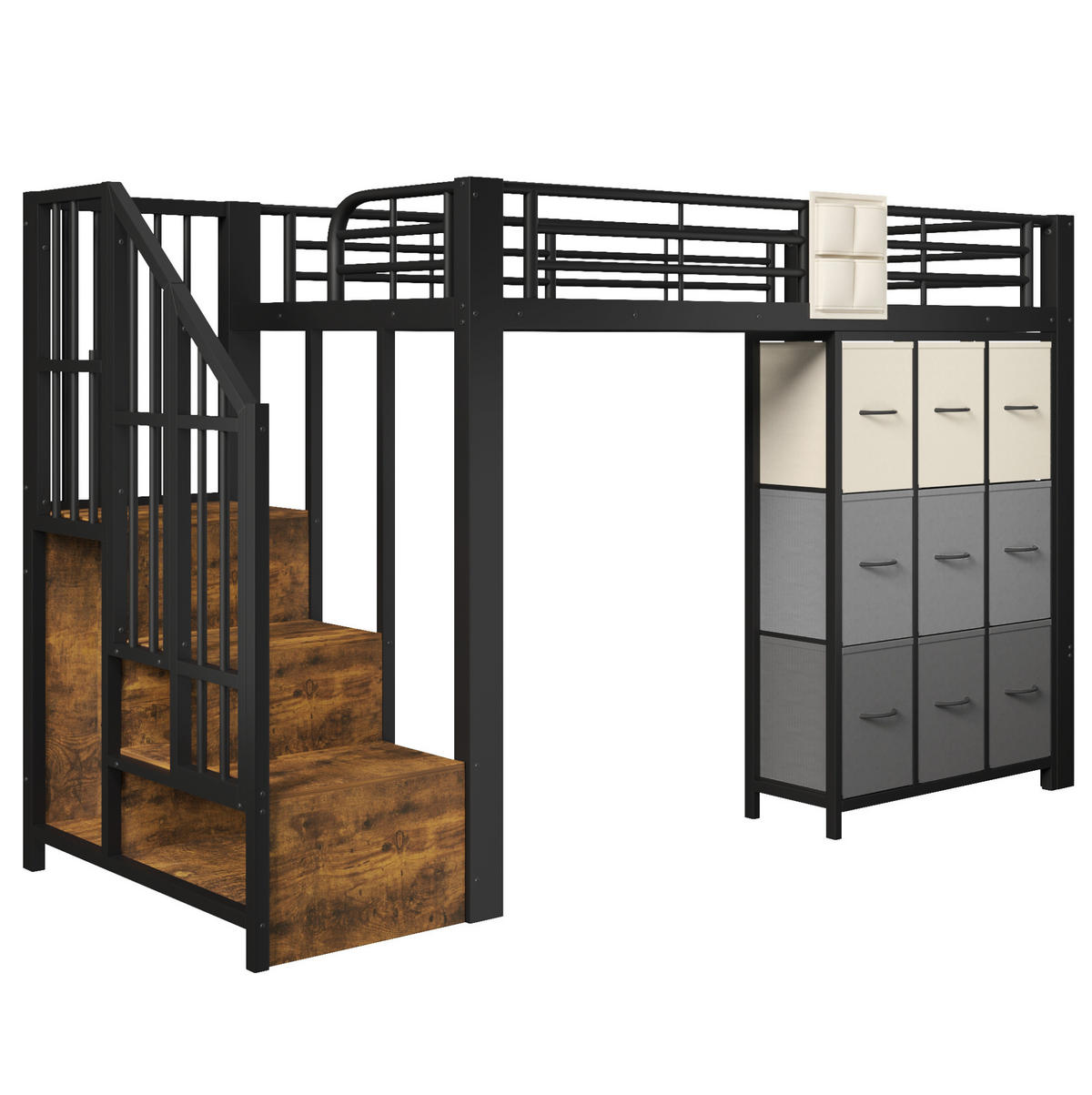 HOCHBETT aus MDF und Metall 90x200 cm Schwarz mit Schubladen, Kleiderstange und Stauraumtreppe - Schwarz, Holzwerkstoff (90/200cm) - Modfu