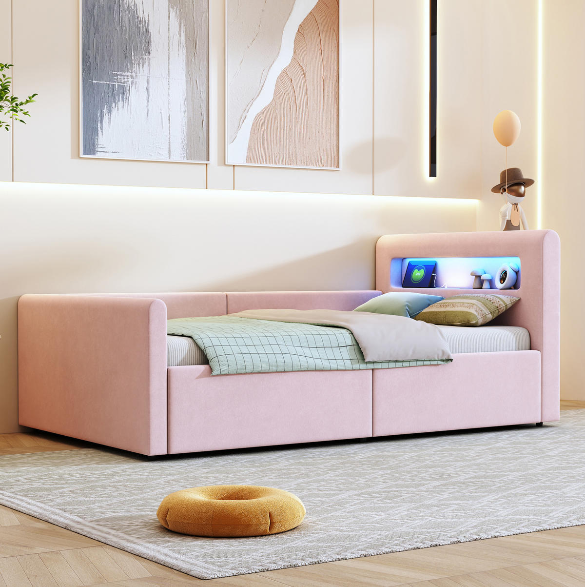 KINDERBETT 90/200 cm aus Samtstoff mit LED-Beleuchtung, USB-Anschluss und Stauraum Rosa - Rosa, Textil (90/200cm) - Modenvie