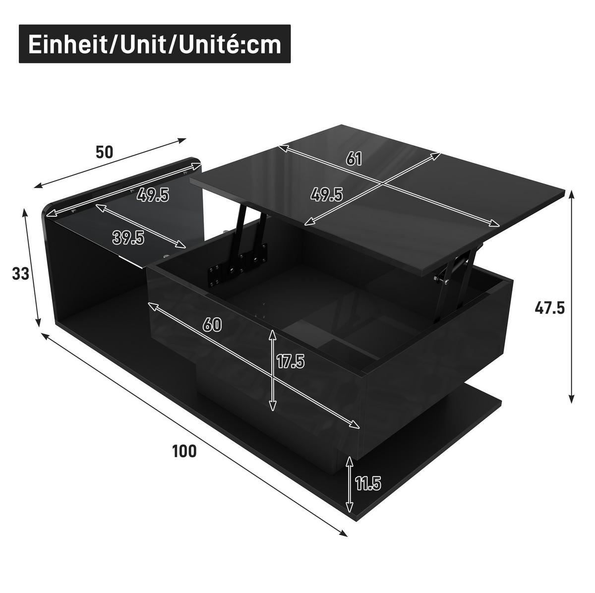 COUCHTISCH aus Spanplatte 100x50x33/47,5 cm in Schwarz mit LED-Lichtleiste - Schwarz, Holzwerkstoff (110/50/47.5cm) - Modfu