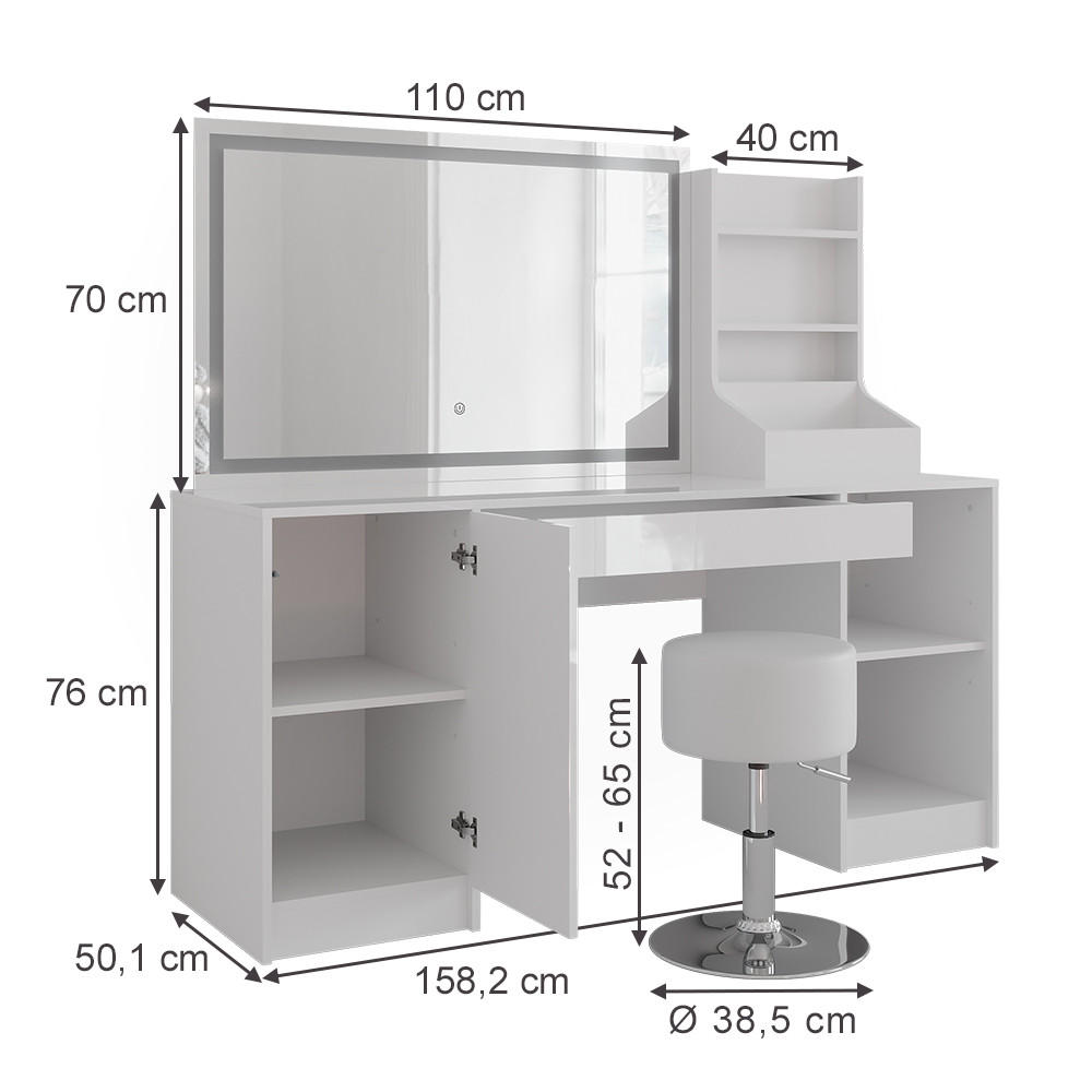SCHMINKTISCH Sherry Weiß/Weiß Hochglanz 158.2 cm 4 Teile - Weiß Hochglanz, Holzwerkstoff (158.2/76/50.1cm) - Vicco