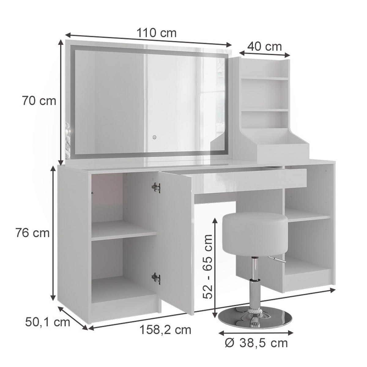 SCHMINKTISCH Sherry Weiß/Weiß Hochglanz 158.2 cm 4 Teile - Weiß Hochglanz, Holzwerkstoff (158.2/76/50.1cm) - Vicco