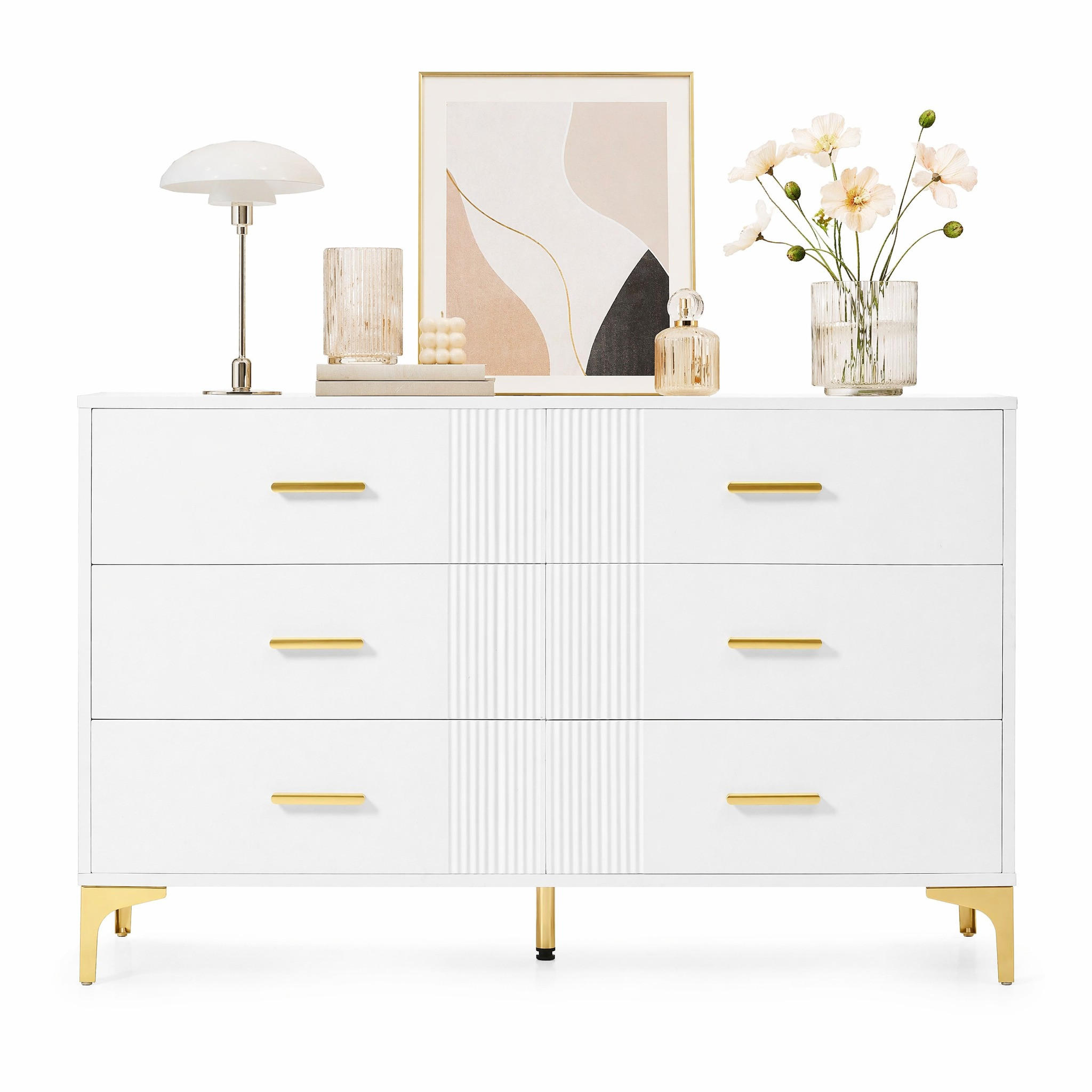 SIDEBOARD in Weiß Kommode mit 6 Schubladen, mit viel Stauraum, für Wohnzimmer & Schlafzimmer, B120/T40/H76cm - Goldfarben/Weiß, Holzwerkstoff/Metall (120/76/40cm) - STILVORA