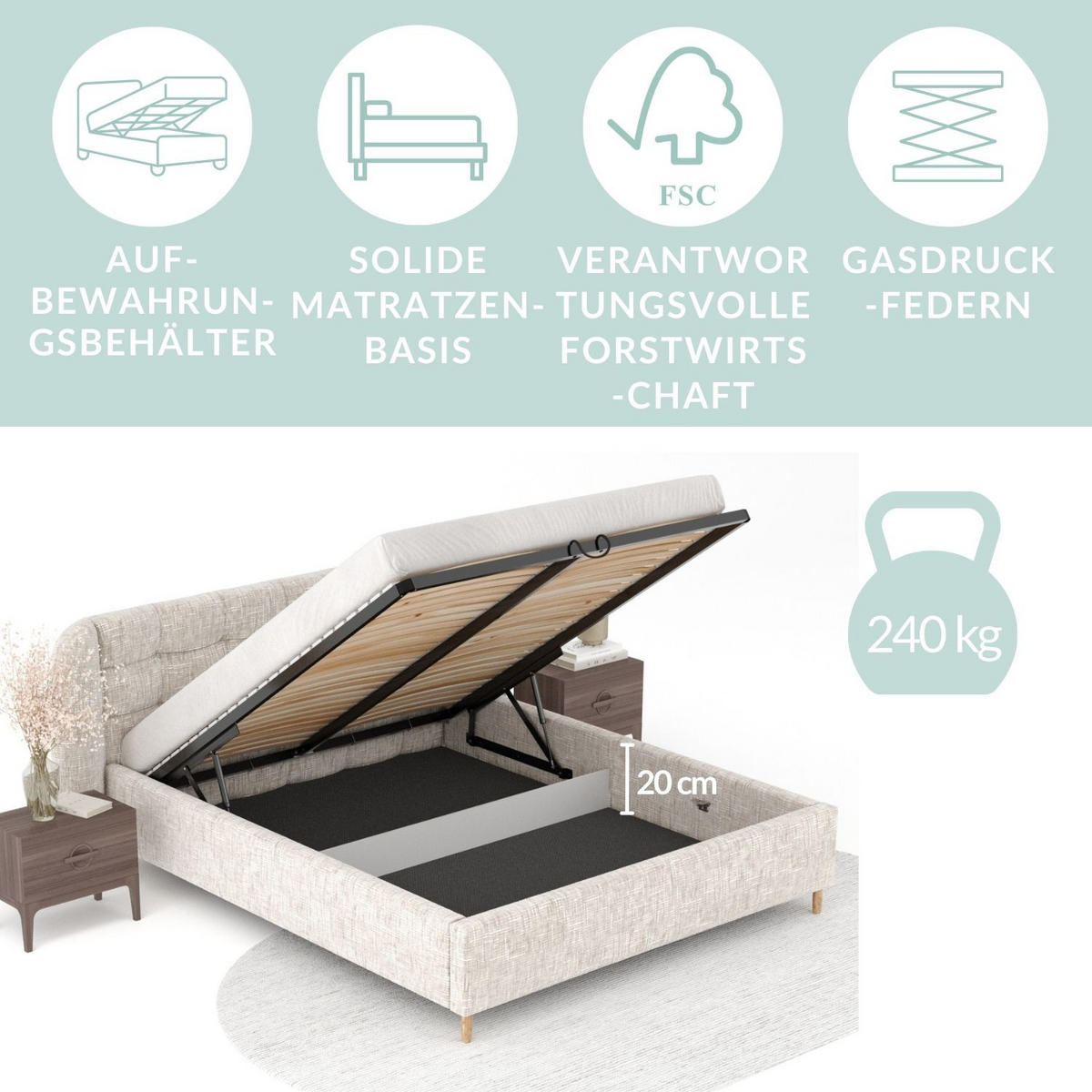 POLSTERBETT Nuno Beige 140/200 cm im Chenille-Stoff - Beige/Naturfarben, Holz/Holzwerkstoff (140/200cm) - Maison de Reve