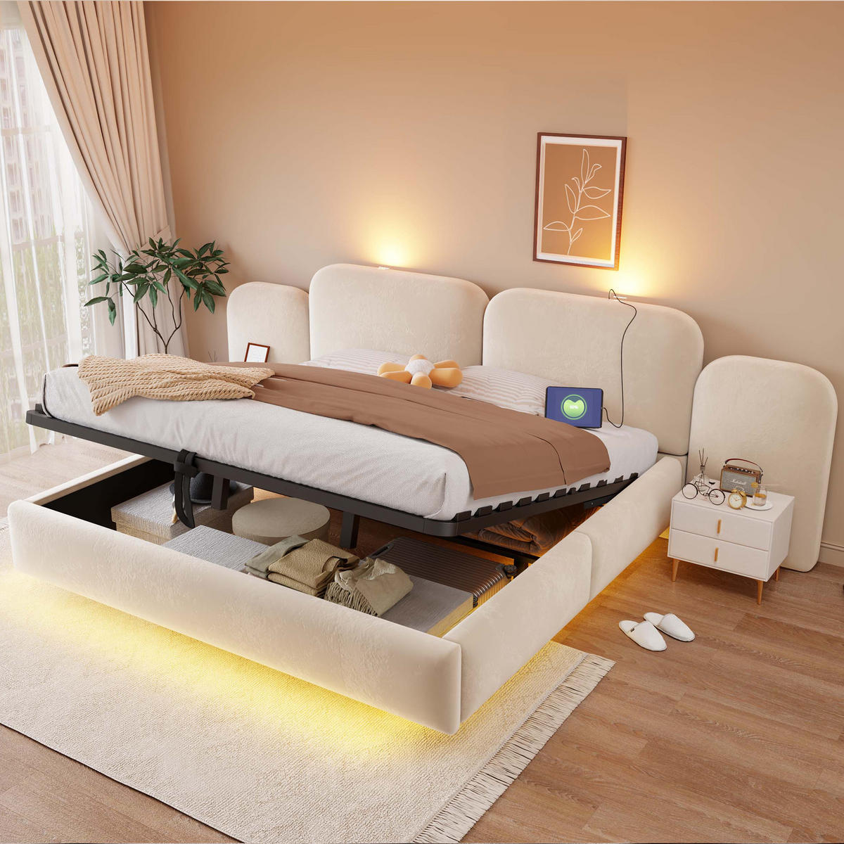 STAURAUMBETT 180/200 cm mit Hydraulik, RGB-LED und USB, DE-41706, in Beige - Beige, Holzwerkstoff (180/200cm) - ComfortXL