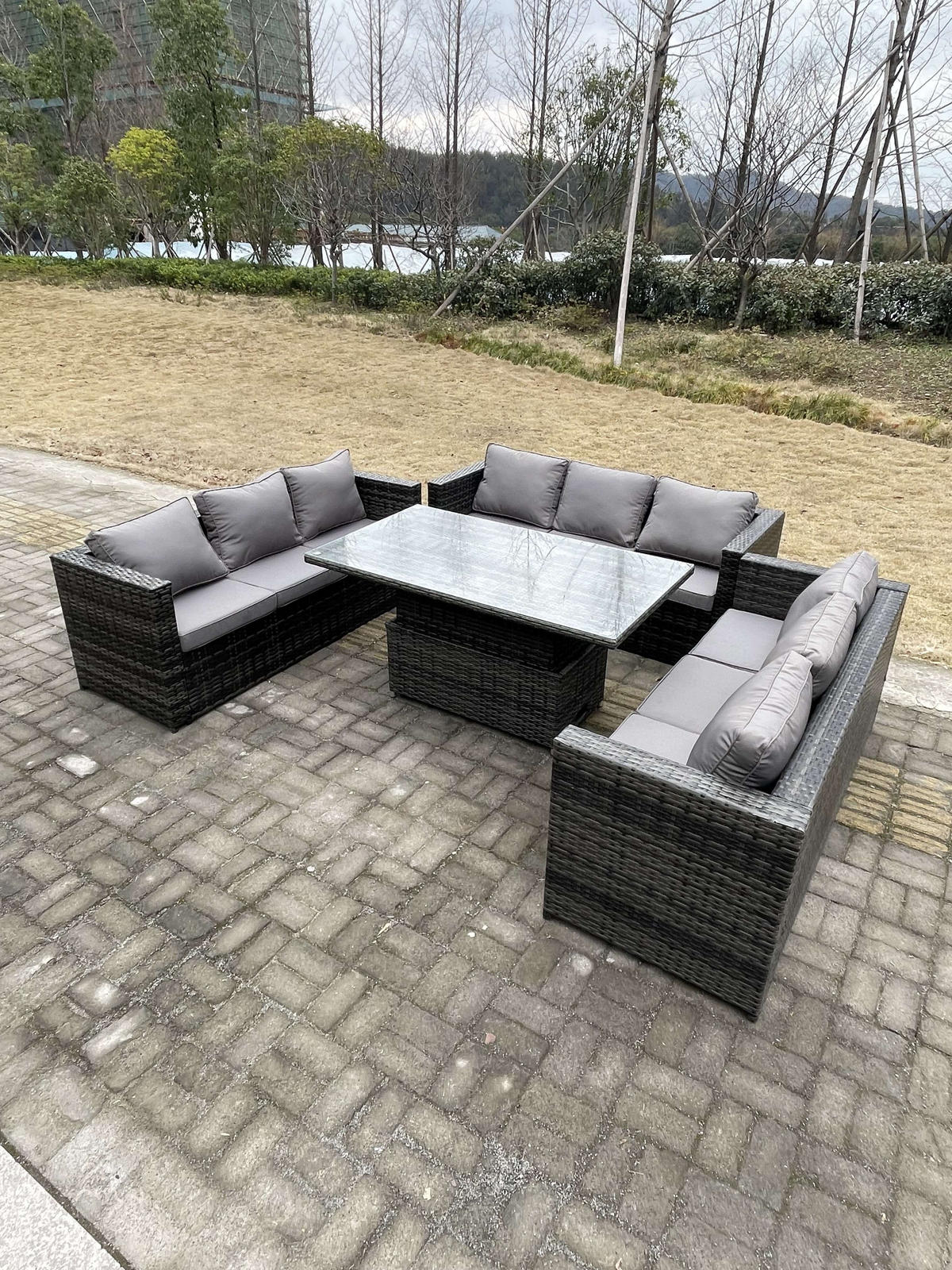 GARTENSET Polyrattan 9-Sitzer - Dunkelgrau/Grau, Glas/Kunststoff - Fimous