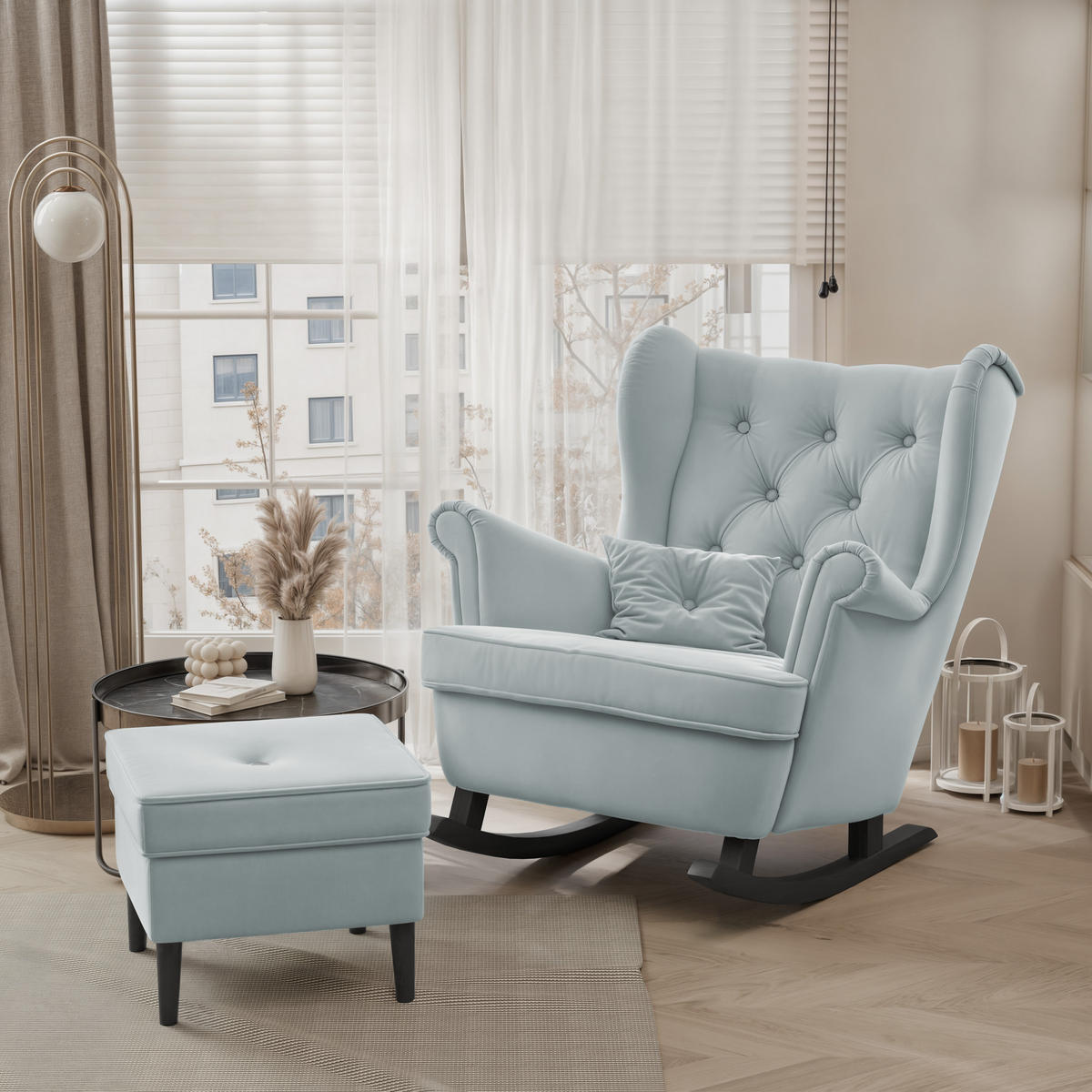 SCHAUKELSTUHL SCANDI mit hocker, 75/60/97 cm, Marineblau - Dunkelblau, Holz/Textil (75/97/60cm) - Idohome