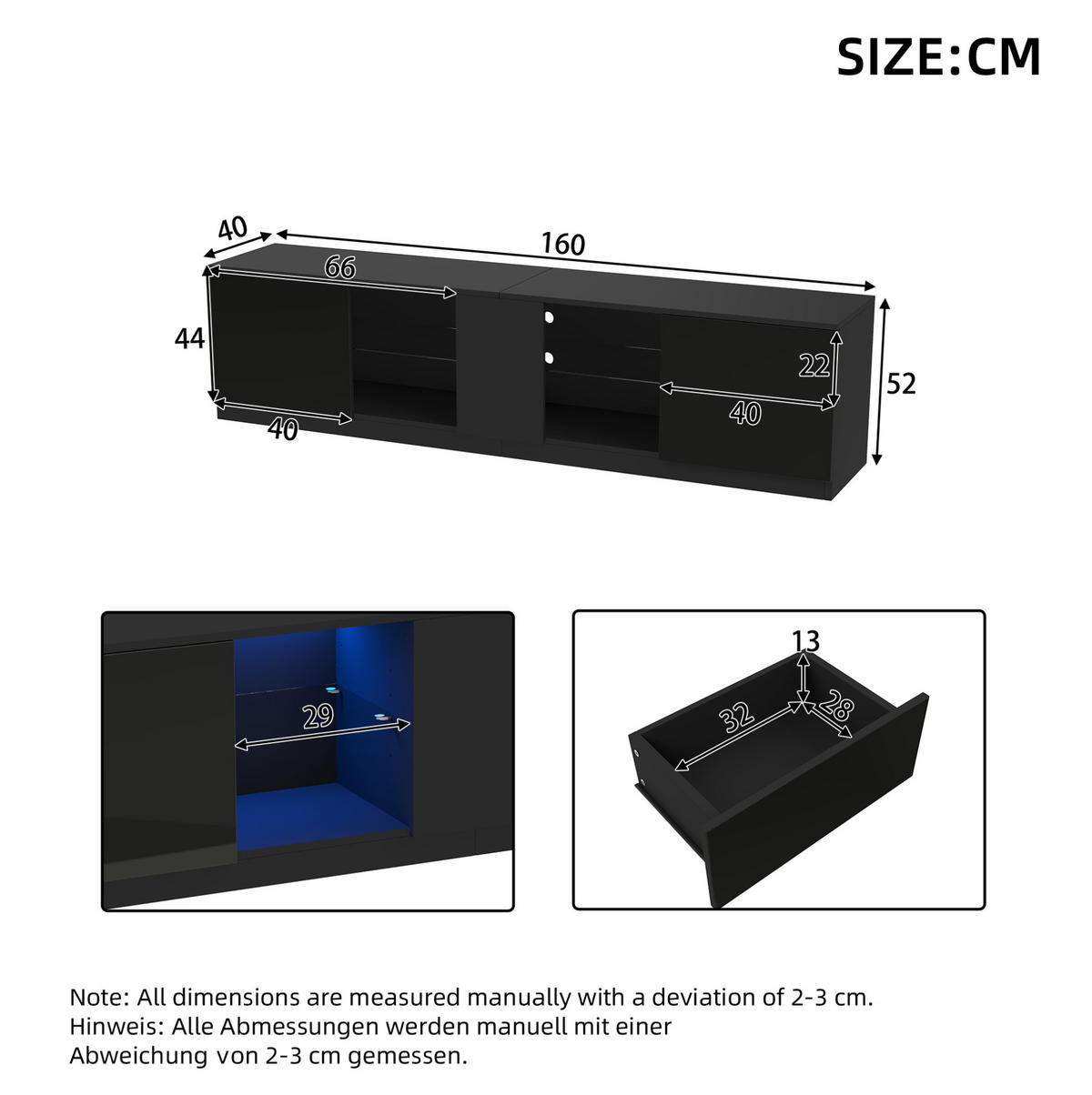 TV-LOWBOARD aus MDF 160x40x52 cm Schwarz mit LED-Beleuchtung, Hochglanzfront und Stauraum - Schwarz, Holzwerkstoff (160/52/40cm) - Modfu