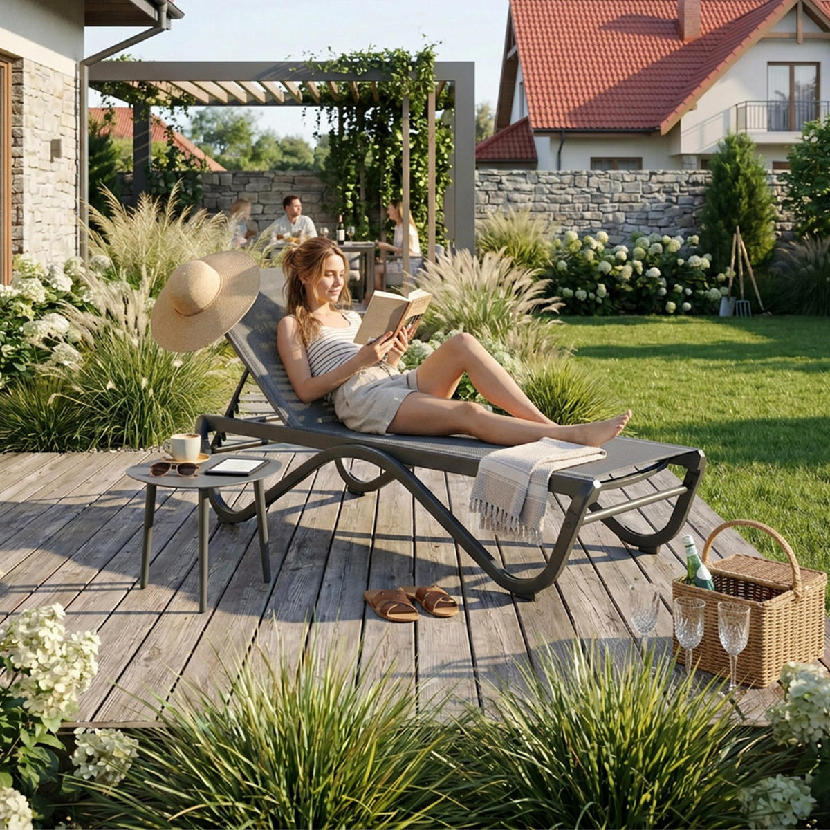 SOMNENLIEGE Marina, 5-stufige Verstellung der Rückenlehne, mit Tisch, Metallrahmen, Grau - Schwarz/Grau, Metall (58/33/133cm) - Beautysofa