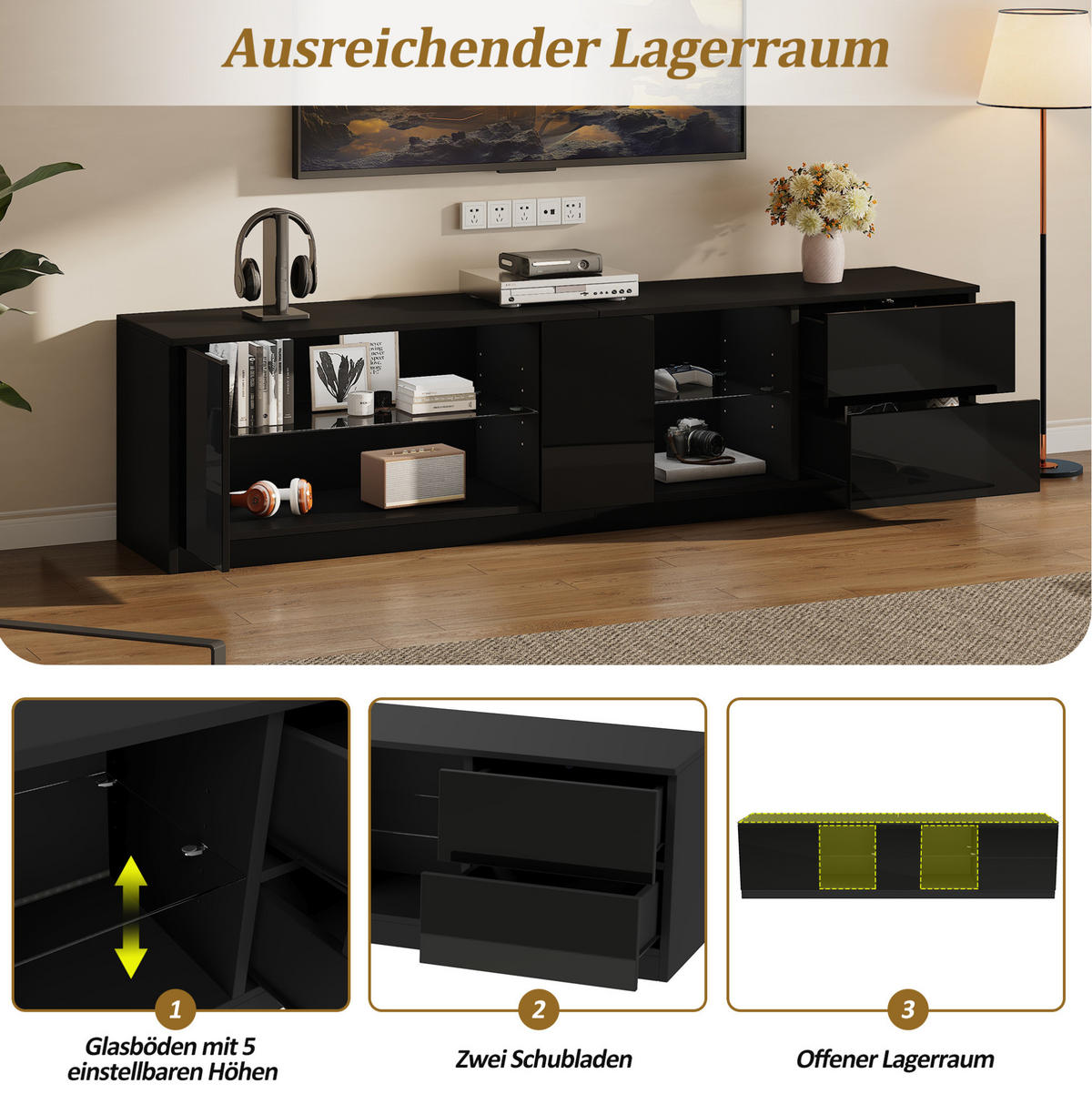 TV-LOWBOARD 160/40/52 cm mit 2 Schubladen, Schrankfach, LED-Beleuchtung und Hochglanzfront aus MDF, Schwarz - Schwarz, Holzwerkstoff (160/52/40cm) - Redom