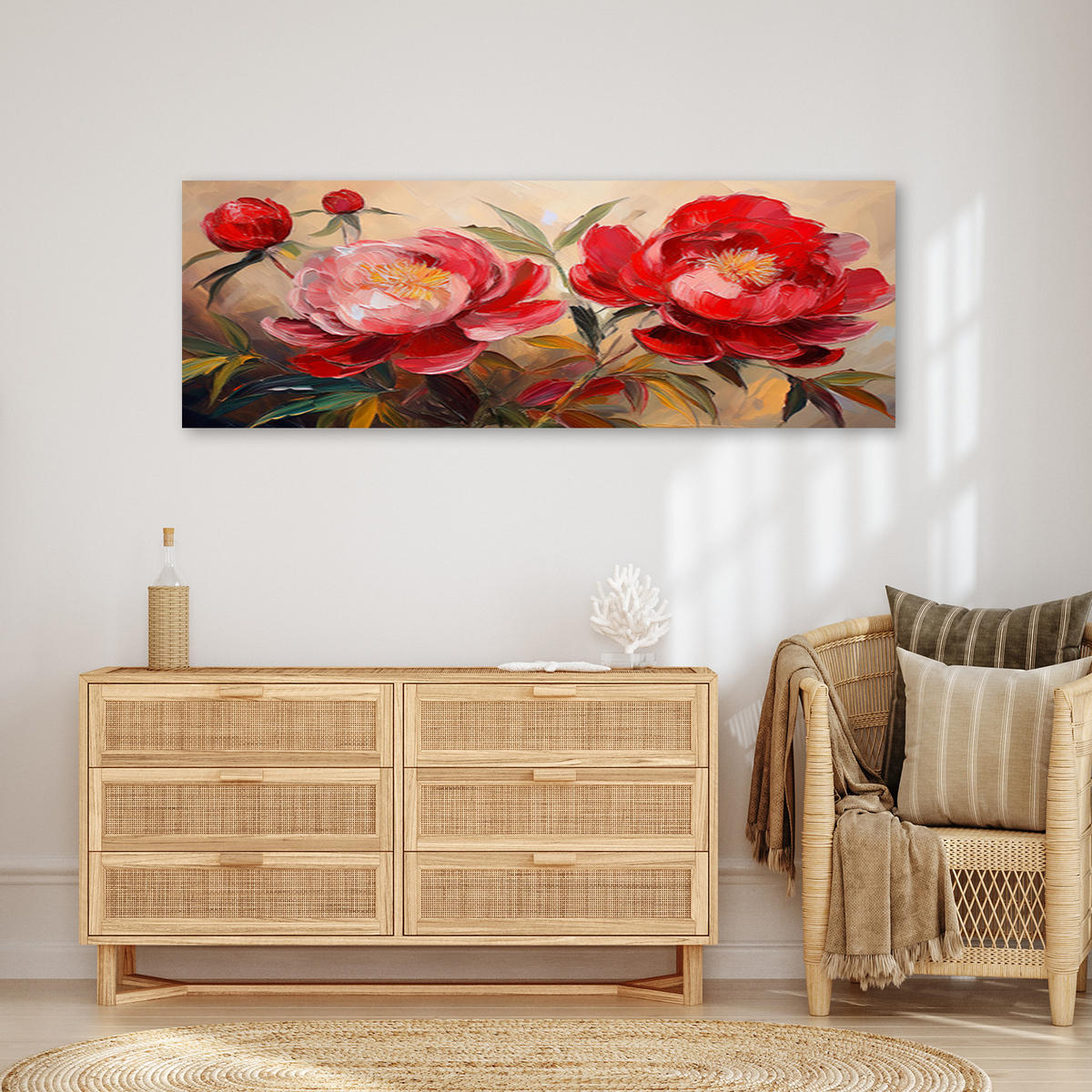 WANDBILD rote pfingstrosen blumen pflanzen gemalt - Rot, Textil (90/30cm) - Feeby