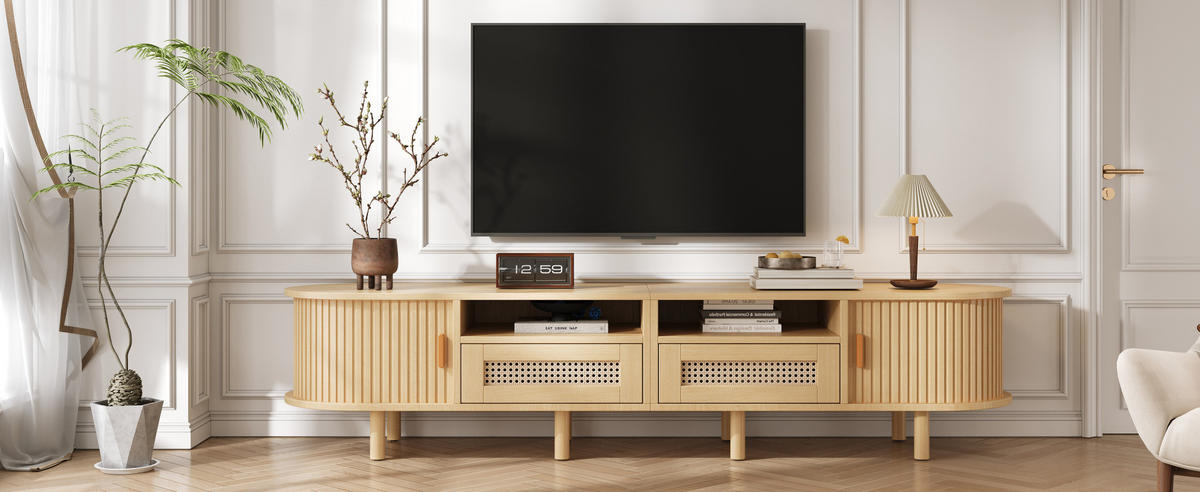 TV ormarić 170/40/40 cm svijetli hrast od MDF-a s ratan ladicama i kliznim vratima - prirodne boje, drvni materijal (170/40/40cm) - OKWISH