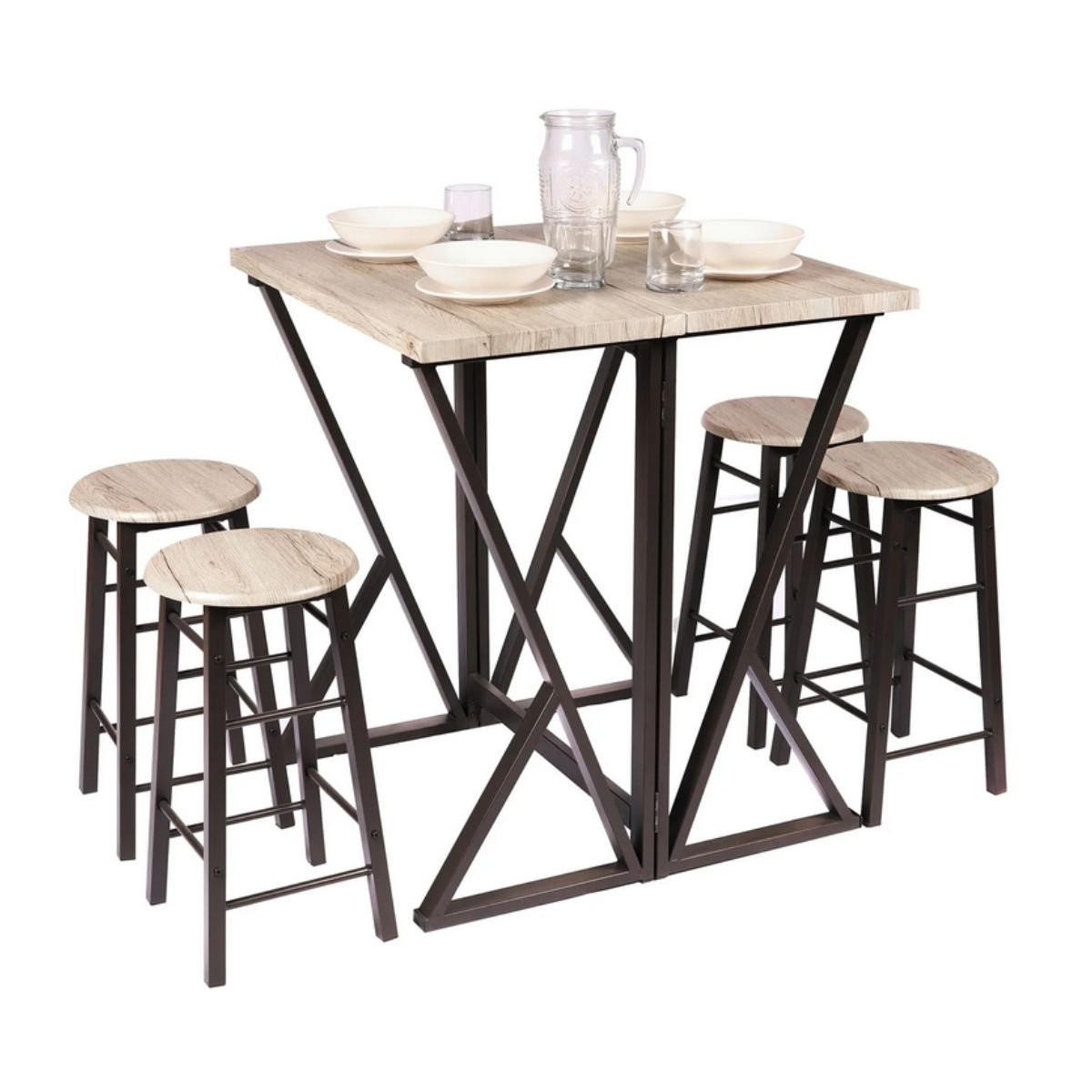 HOCHKLAPPBARER hoher Tisch + 4 Hocker - DOCK - 80/80/89 cm - Apfelbaumfarben, Holzwerkstoff (80/89/80cm) - Calicosy