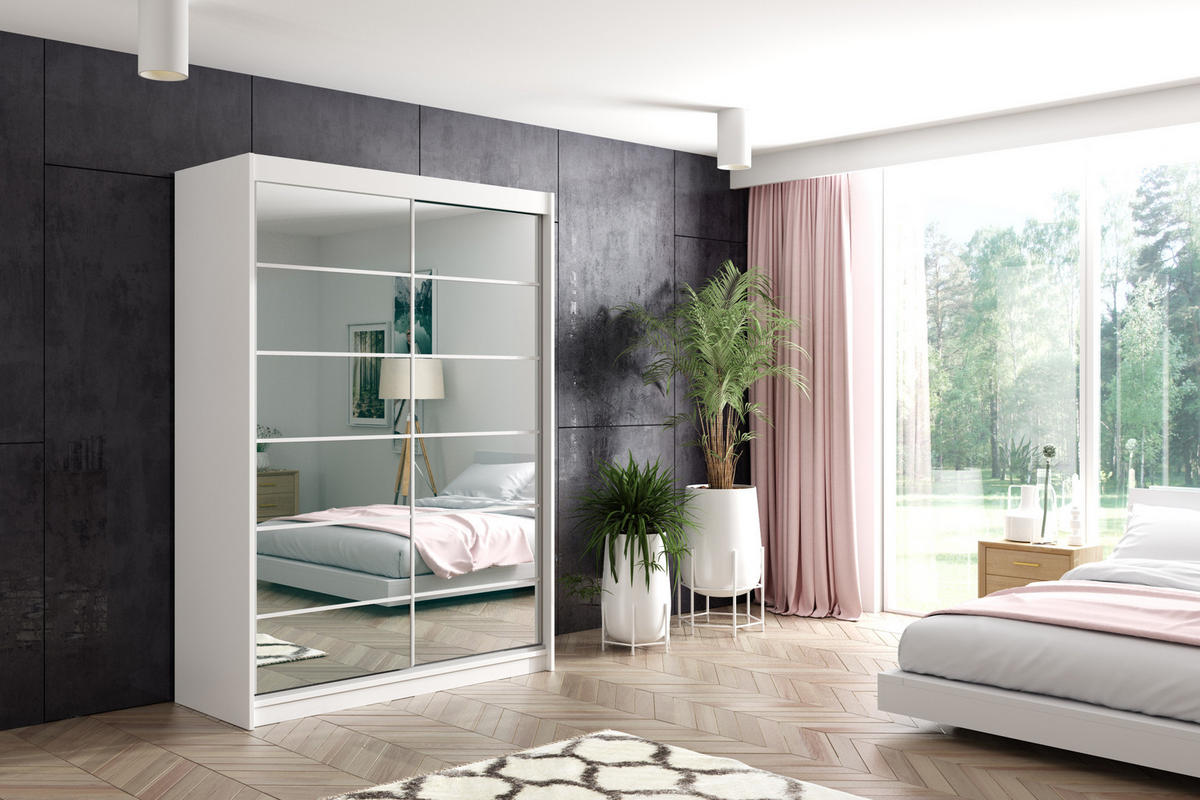 KLEIDERSCHRANK mit Spiegel-Schiebetüren und Aluminium-Leisten, LED-Beleuchtung - FLORA - 150 cm Weiß - Weiß, Holzwerkstoff (150/216/61cm) - ALTDECOR
