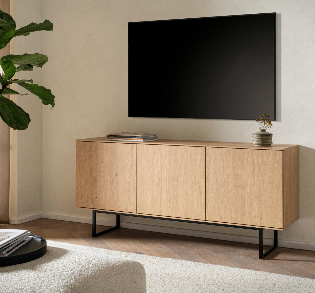 TV-LOWBOARD Stone Eiche 150 x 70 cm, Fernsehtisch mit Push-to-Open und Komforthöhe - Eichefarben/Schwarz, Holzwerkstoff/Metall (150/70/40cm) - Furn.Design