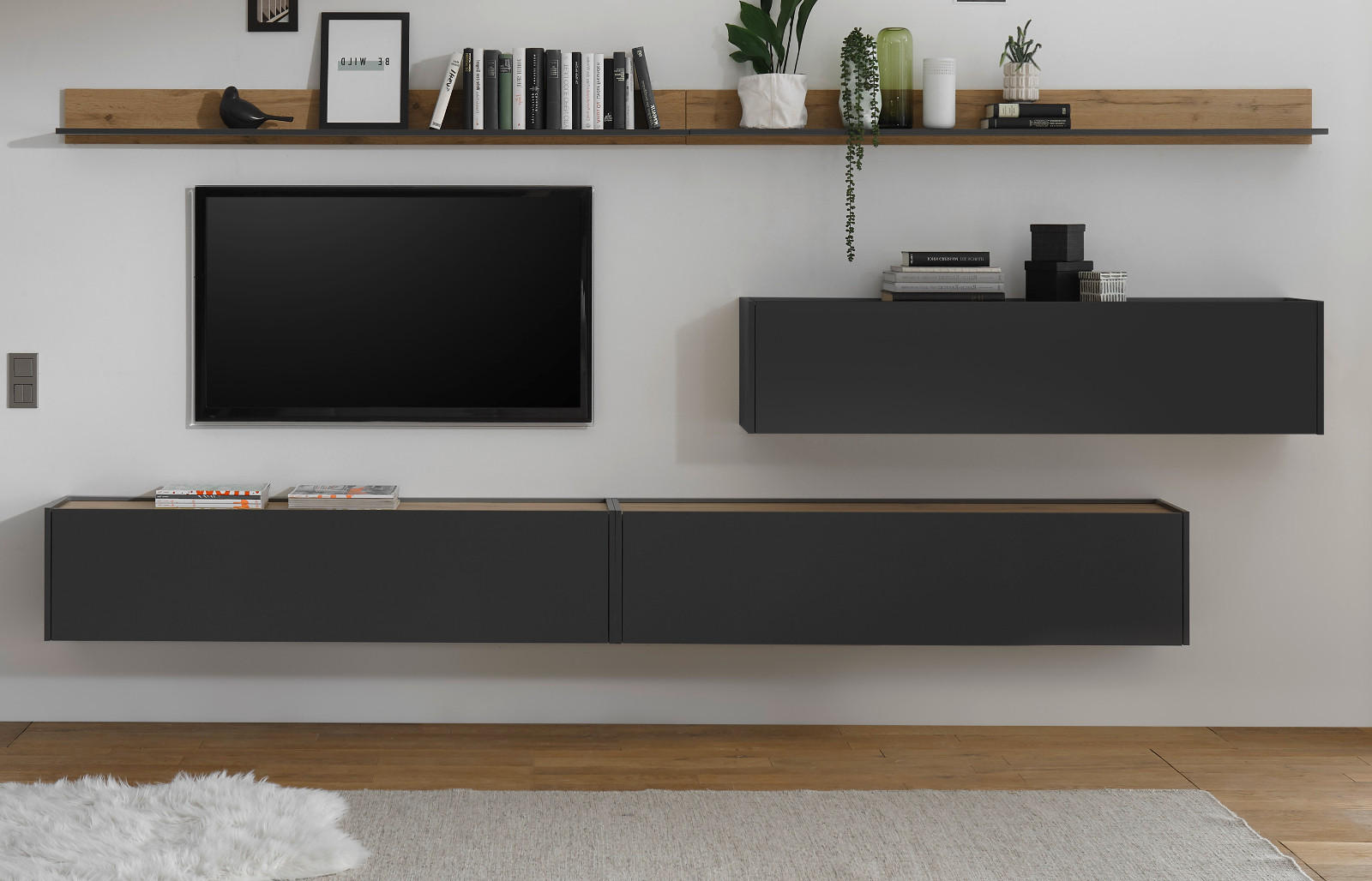 WOHNWAND 5-teilig grau matt, Eiche Wotan 340 cm, Schrankwand hängend - Eiche Wotan/Grau, Holz/Holzwerkstoff (340/180/30cm) - Furn.Design