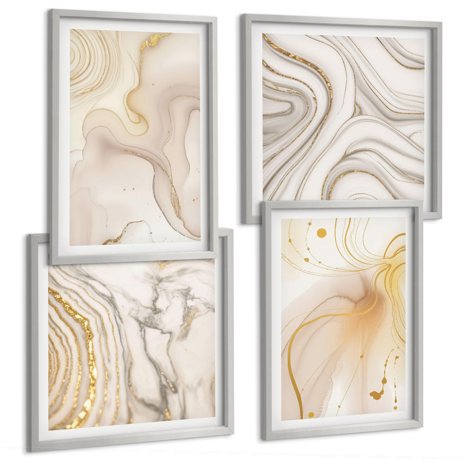BILDER SET 4er Set - 50x50 cm & 40x60 cm Silberner Rahmen - Subtile abstrakte Muster - Silberfarben, Kunststoff (50/50cm) - TULUP