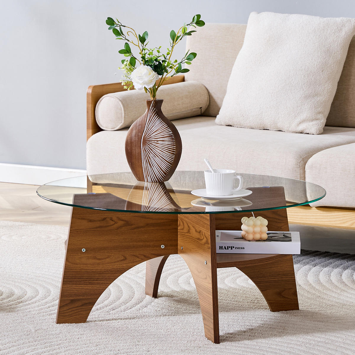 COUCHTISCH in Walnussfarbe Moderner runder Beistelltisch für Esszimmer und Wohnzimmer, Ø80/H36 cm - Transparent/Walnussfarben, Glas/Holzwerkstoff (80/80/36cm) - STILVORA