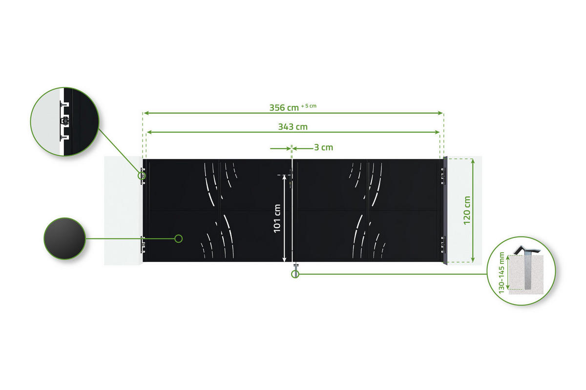 DOPPELFLÜGELTOR Nali Veleta mattschwarz 3,5m H.120cm Stahl - Schwarz, Metall (343/120cm) - Casanoov
