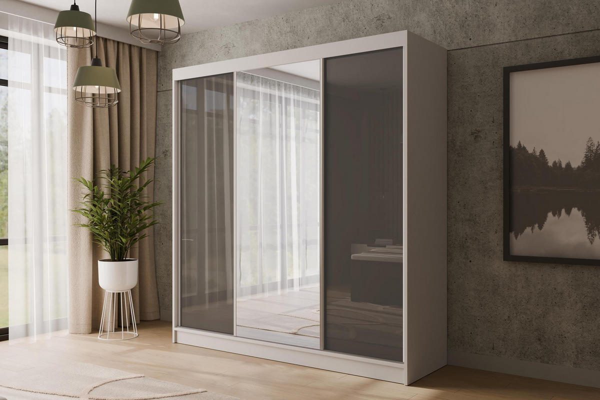 KLEIDERSCHRANK mit Spiegel V2-VITA 215x200 cm - Weiß|Grau - Weiß/Grau, Holzwerkstoff (200/215/61cm) - ALTDECOR