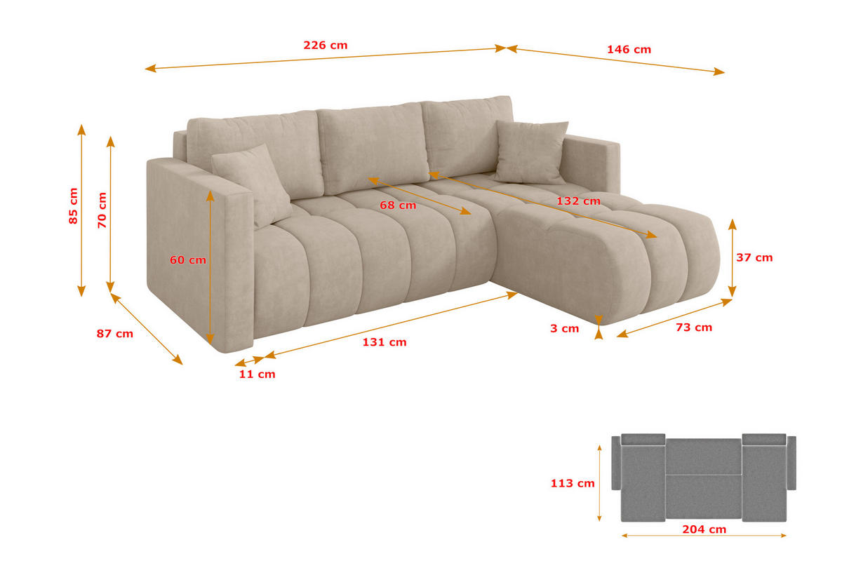 ROHOVÁ SEDAČKA s funkcí spaní, otoman vpravo GARD-L 226x146x85 béžová velur - černá/Sahara, kompozitní dřevo/textil (226/146cm) - ALTDECOR