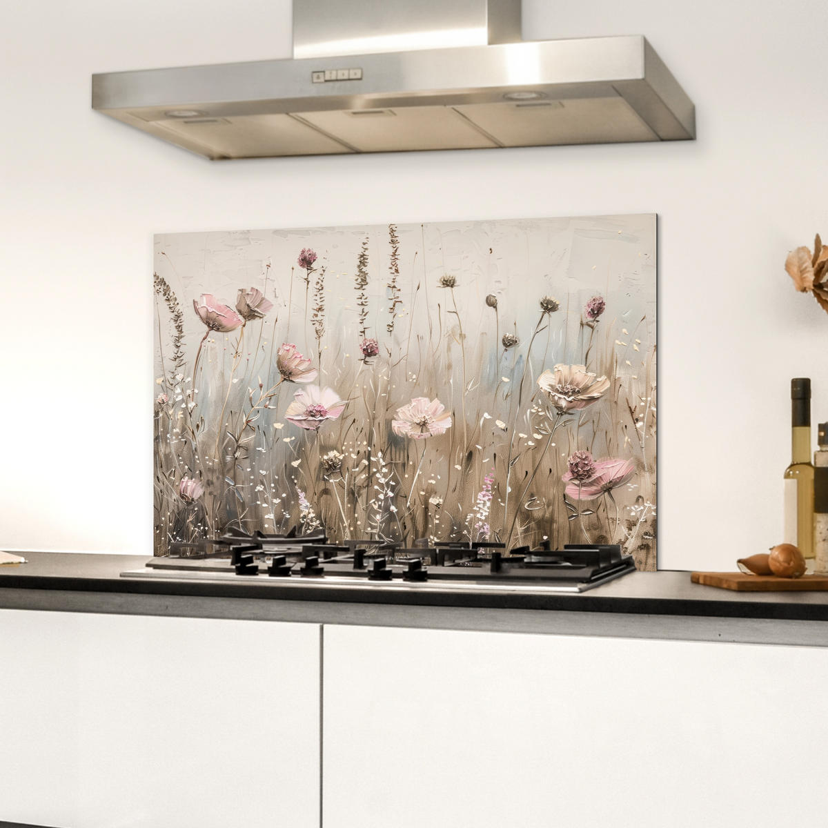 SPRITZSCHUTZ KÜCHE Blumen - Beige - Trockenblumen 60x40 cm - Beige, Metall (60/0.3/40cm) - MuchoWow