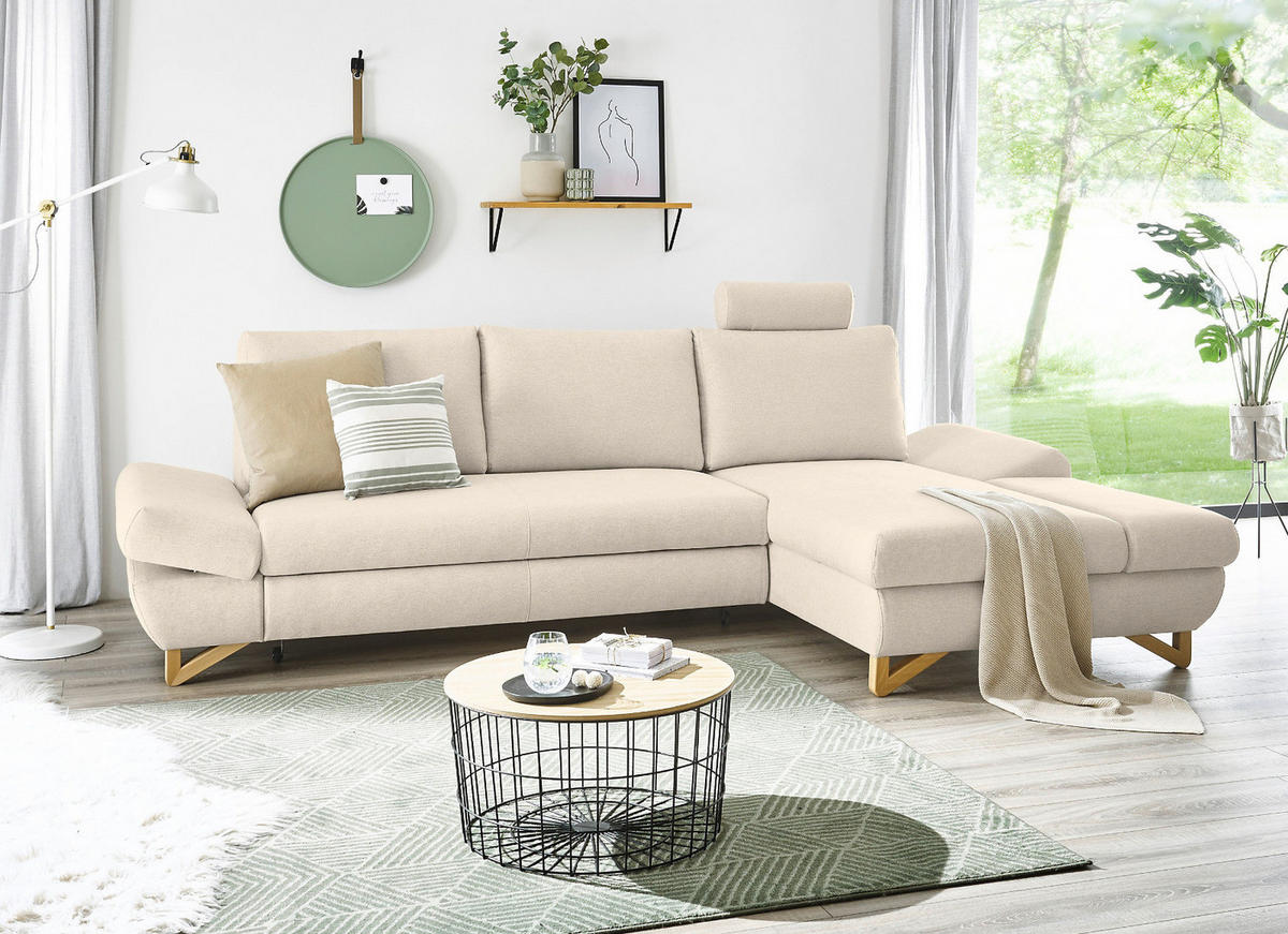 ECKSOFA creme Velours, Sofa mit Bettfunktion und Stauraum 284 cm - Creme, Holz/Textil (284/166cm) - Furn.Design