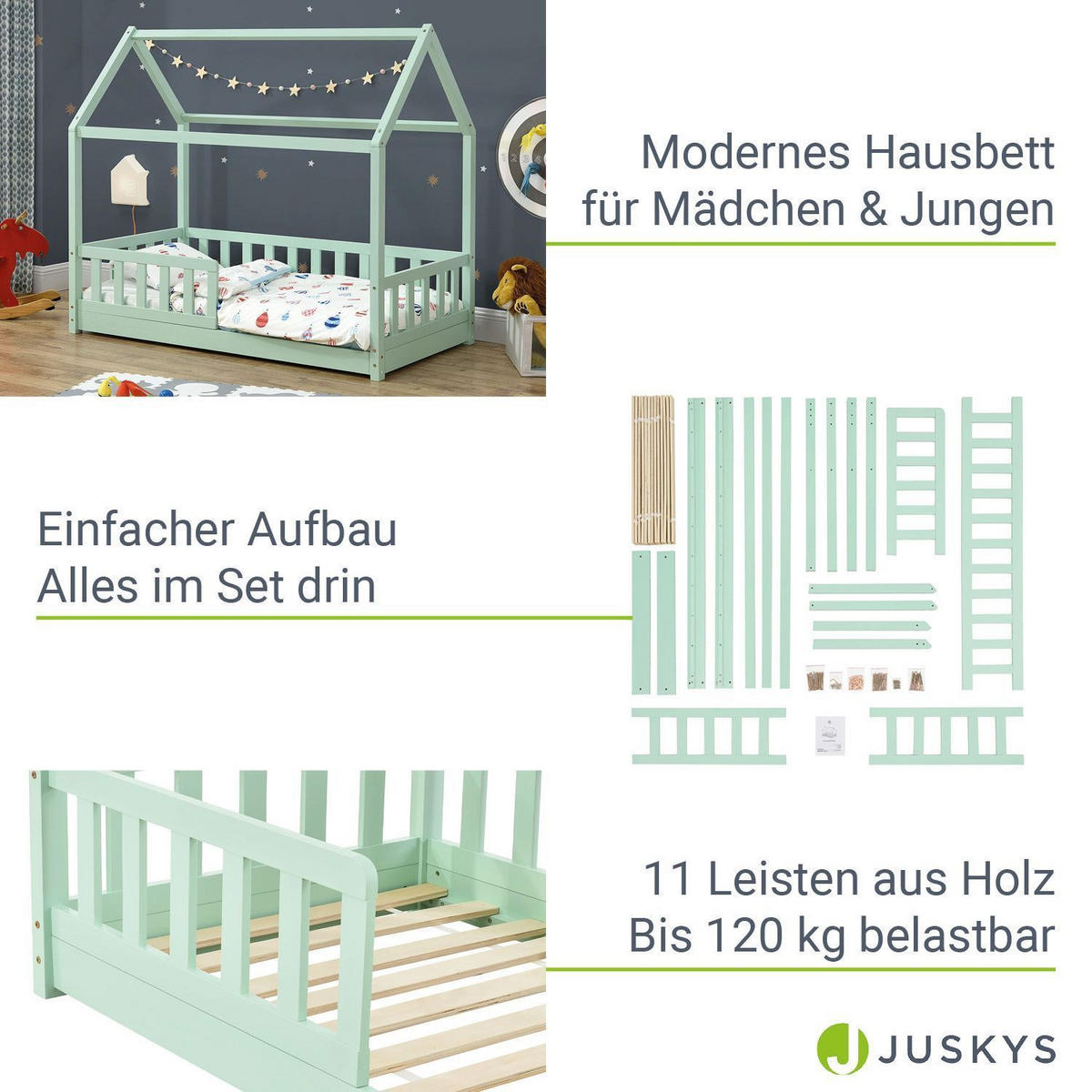 KINDERBETT Marli mit Matratze mint 80x160 cm - Grün, Holzwerkstoff (80/160cm) - Juskys