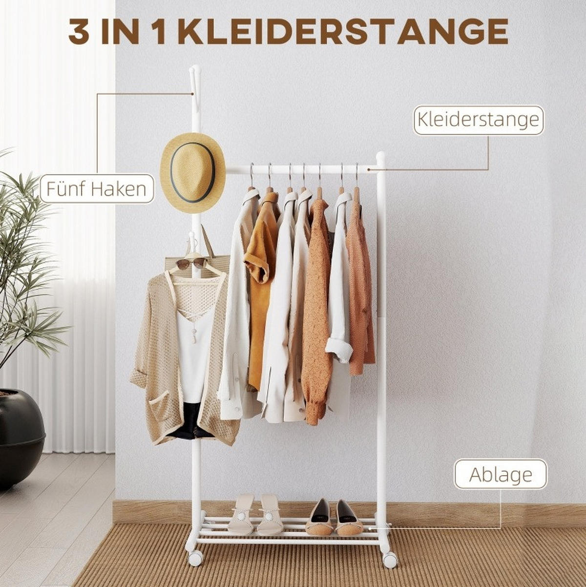 GARDEROBENSTÄNDER mit Rollen und Schuhregal 68 x 43 x 171 cm Metall Weiß - Weiß, Metall (43/171/68cm) - Beauniv