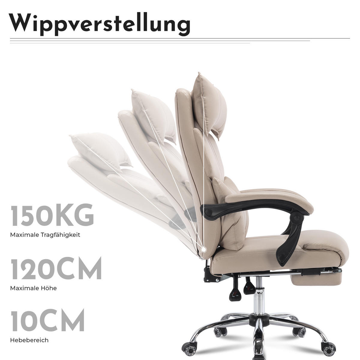 CHEFSESSEL DE-40977 mit doppelt verstellbarer Lendenwirbelstütze Beige - Beige, Metall (65/120/48cm) - ComfortXL