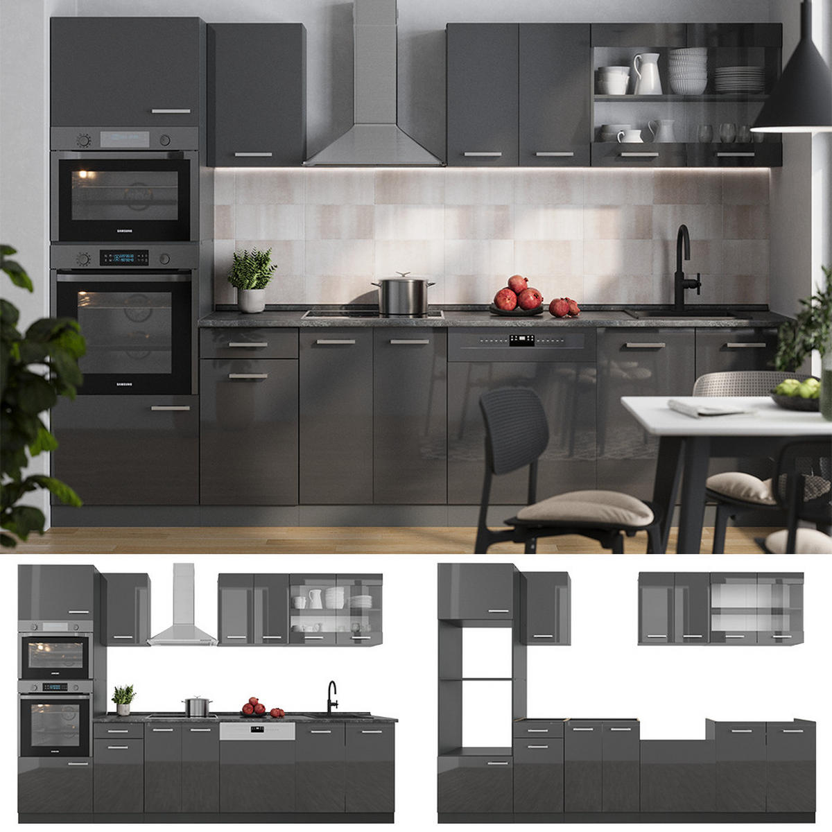 KÜCHENZEILE R-Line Anthrazit Hochglanz/Anthrazit 300 cm mit Hochschrank, ohne Arbeitsplatte - Anthrazit, Holzwerkstoff (300/81.6/46cm) - Vicco