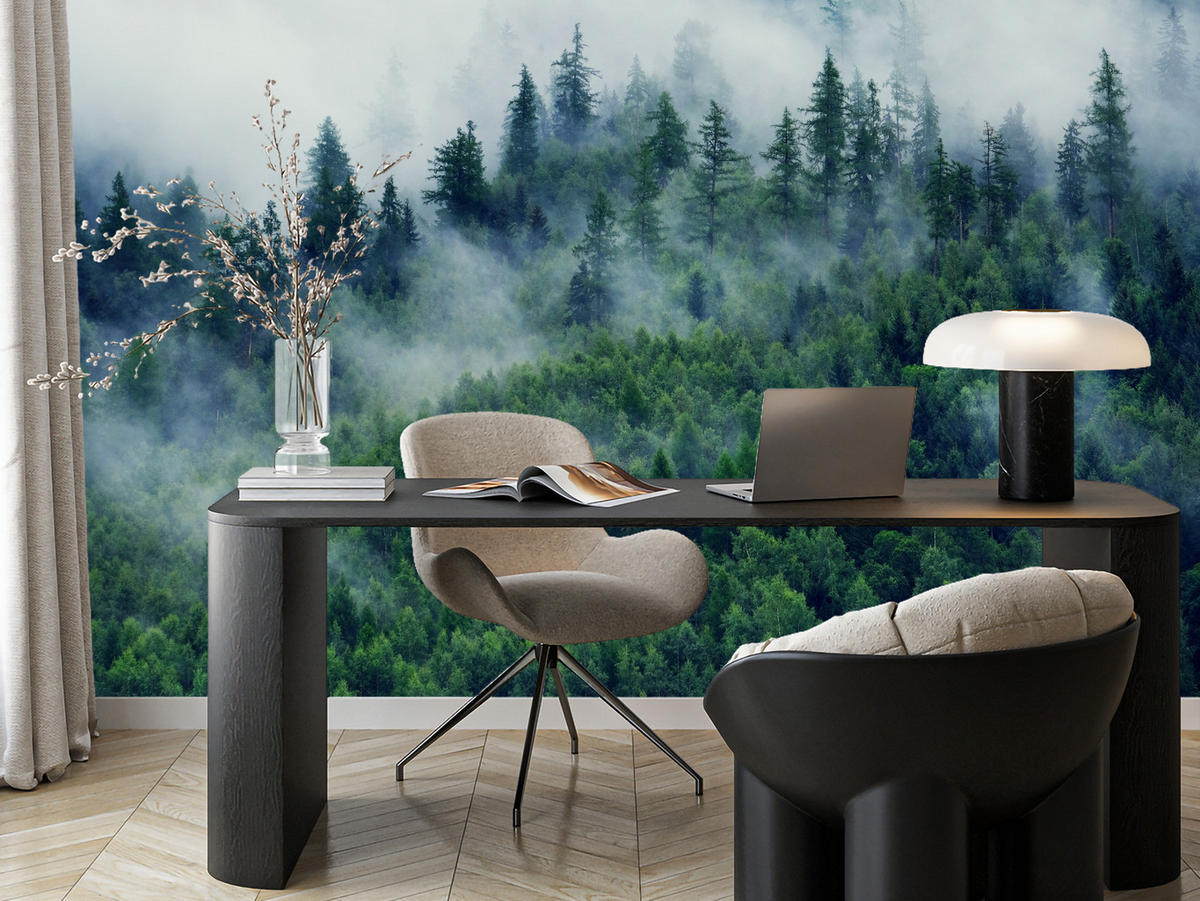 FOTOTAPETE Wald im Nebel Natur Landschaft 3D 100x70 - Grau/Grün, Papier (100/70cm) - Muralo