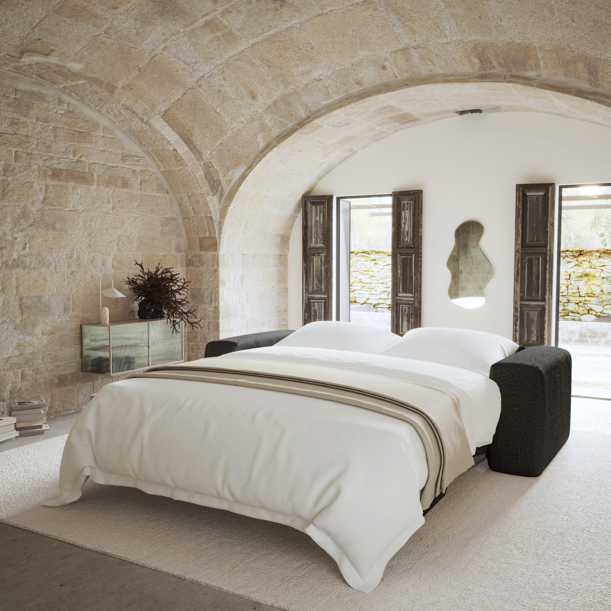 SCHLAFSOFA GERADE Bouclé-Stoff Dunkles Anthrazit 214cm - Anthrazit, Textil (214/73/95cm) - Sia Home