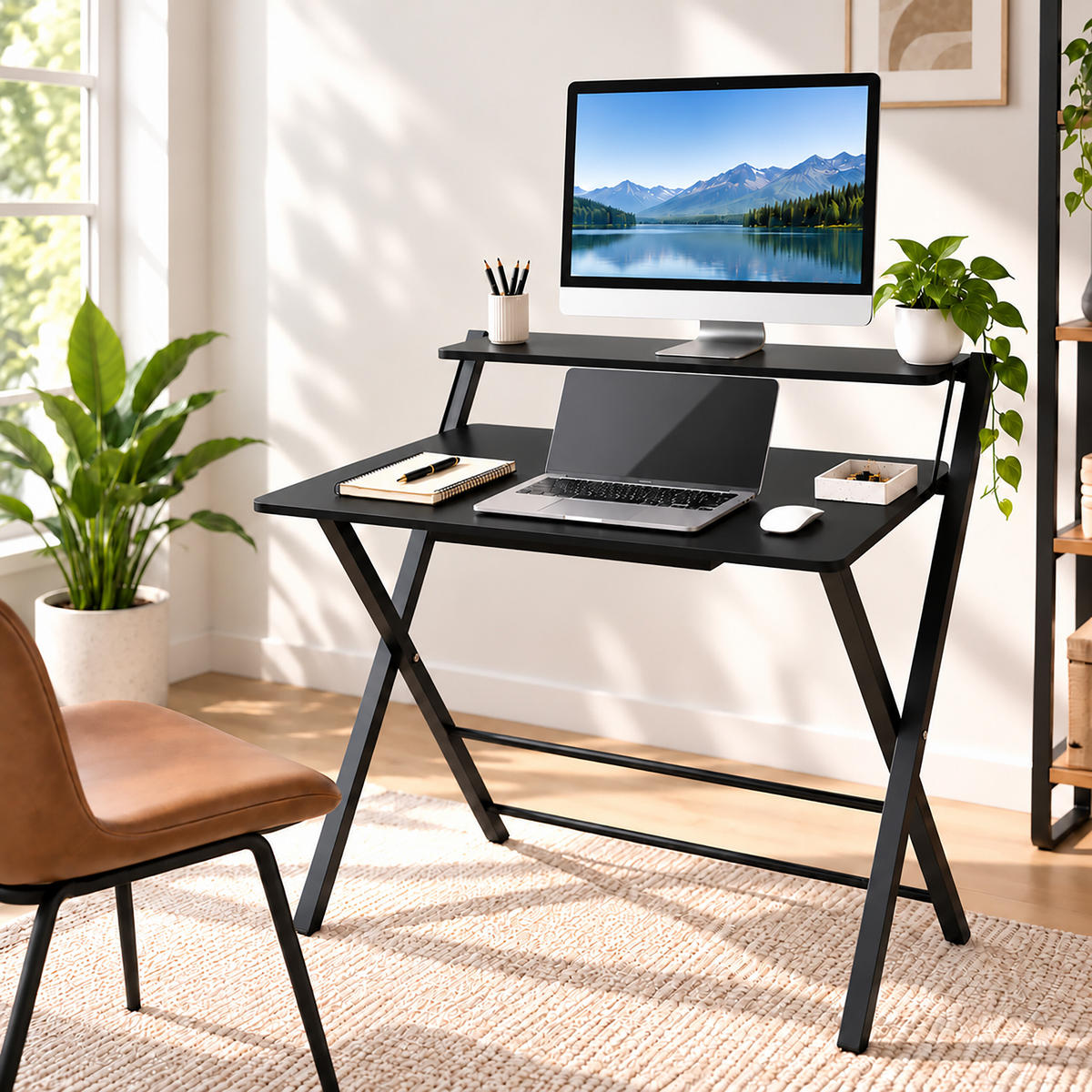SKRIVBORD Svart hopfällbart med monitorhylla - Svart, Träbaserade material/Metall (56/70/82cm) - Relaxdays