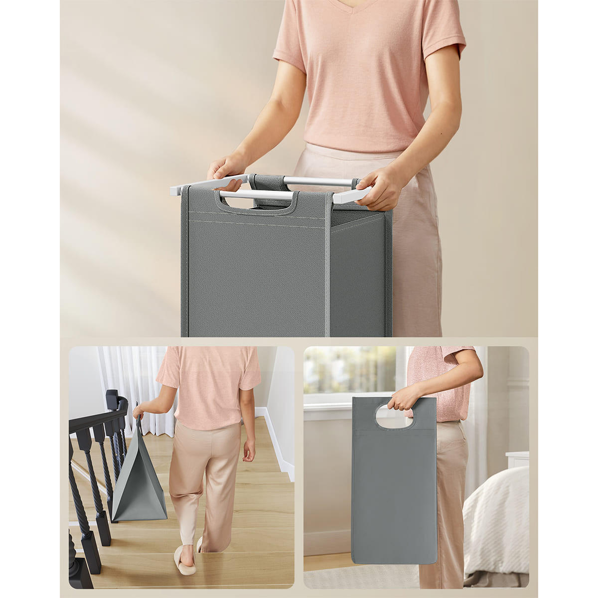 WÄSCHEKORB 2 Fächer Weiß und Grau – H71 cm - Grau, Holzwerkstoff (33/71/8.8cm) - Calicosy