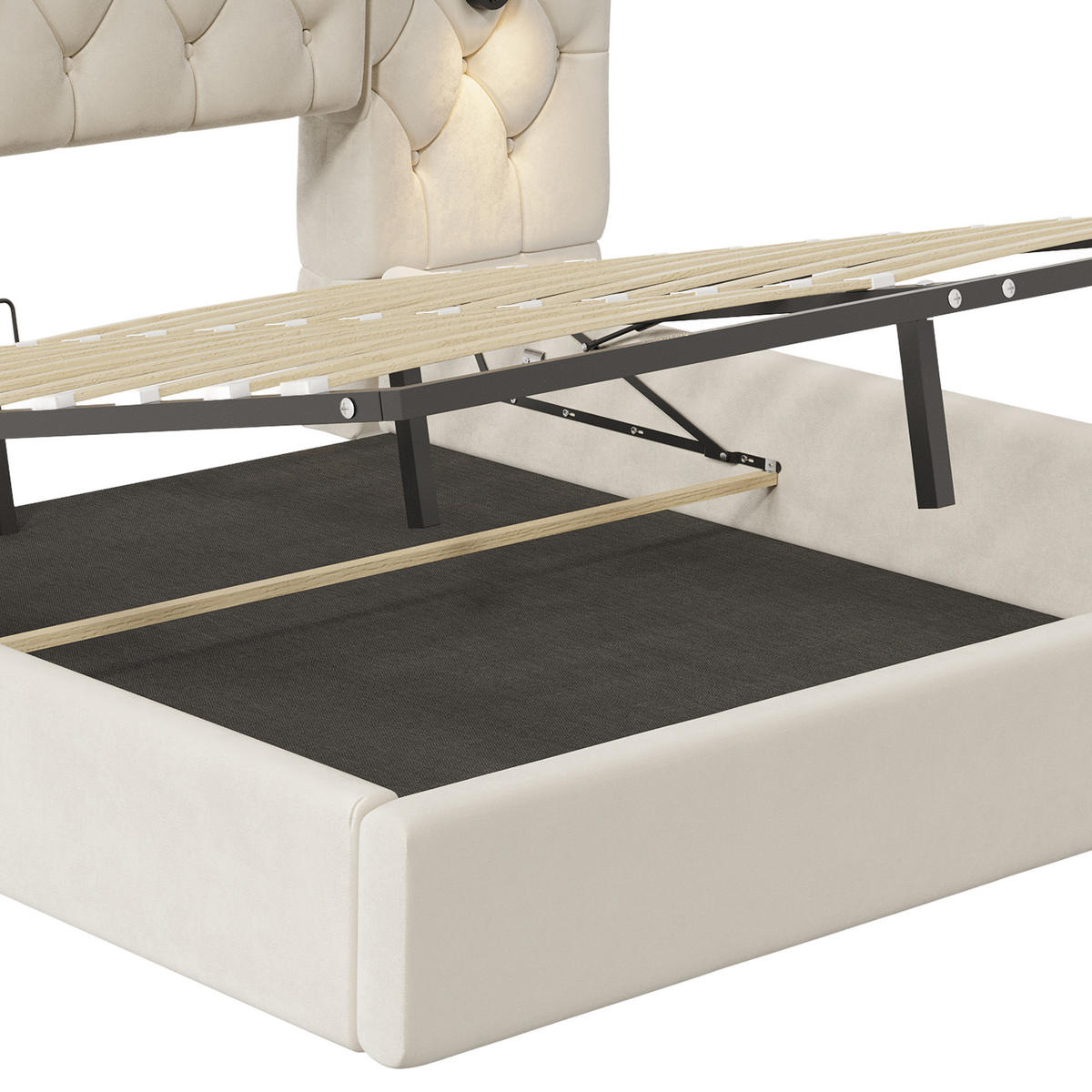 STAURAUMBETT 180/200 cm DE-03593, mit langem Kopfteil, Leselampen und hydraulischem Stauraum, in Beige - Beige, Metall (180/200cm) - ComfortXL